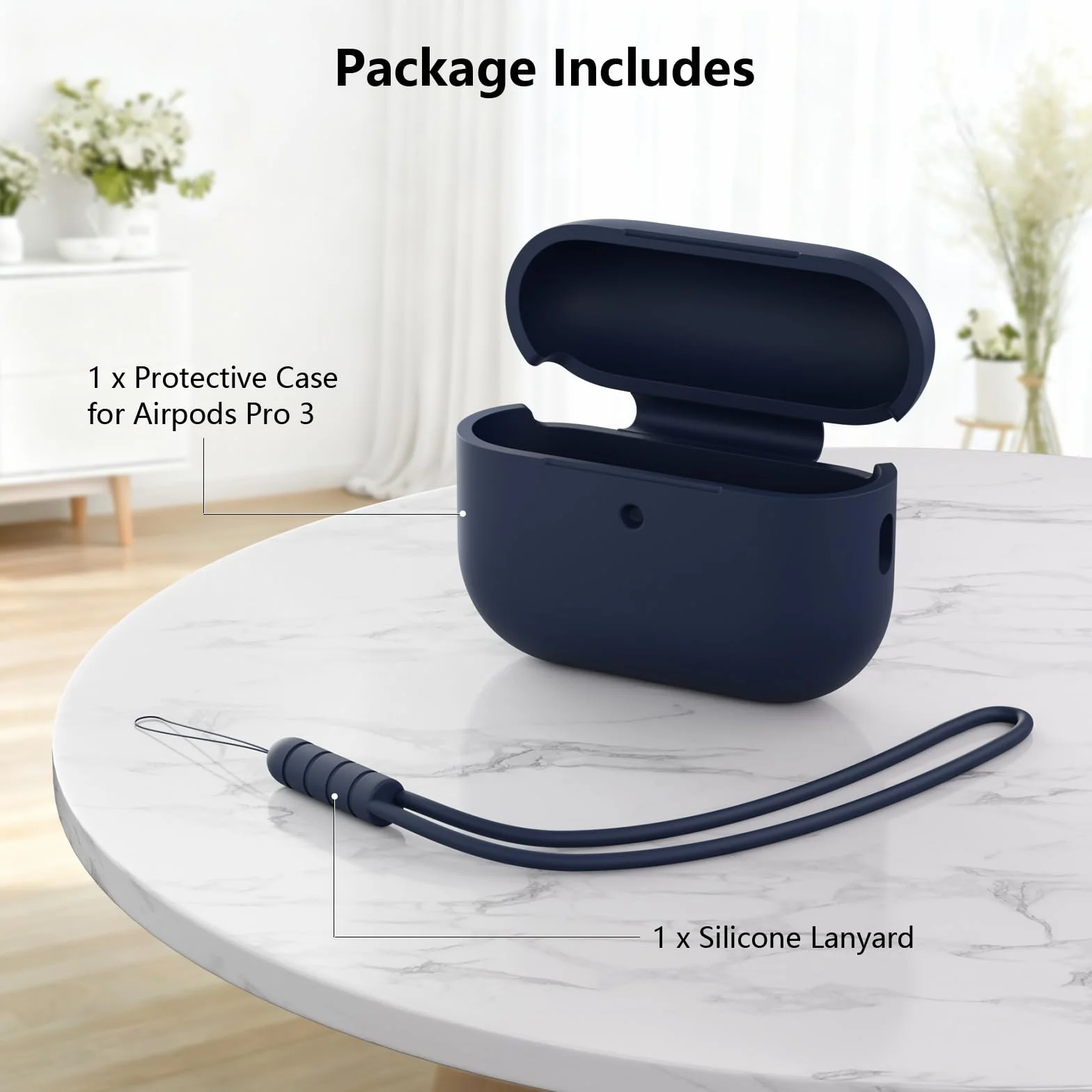 Etui ochronne kompatybilne z Airpods Pro 3 generacji, pełna ochrona, silikonowe etui do AirPods Pro 3 ze smyczą, przednia dioda LED może być widoczna, Midnight Blue
