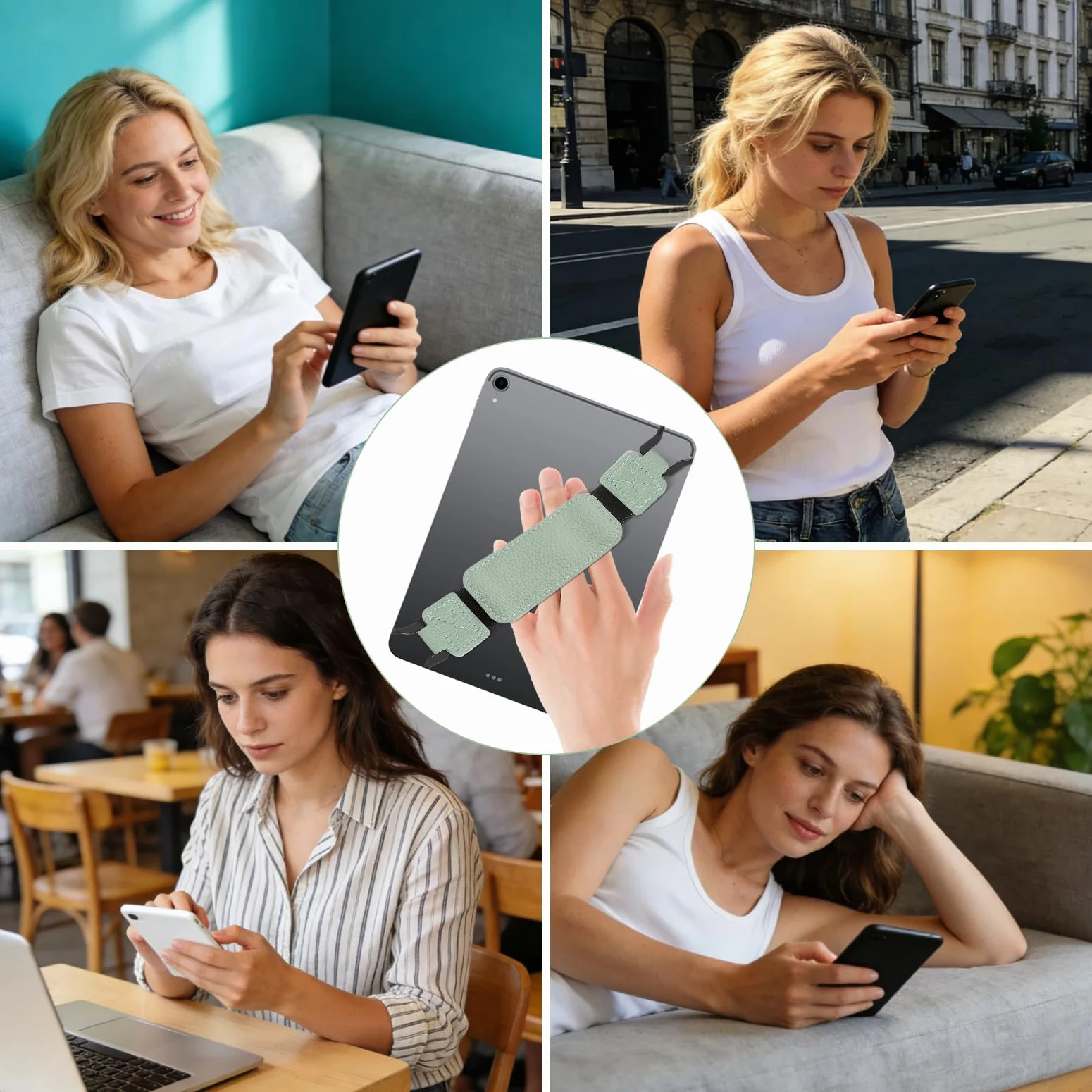 1 szt. pasek na rękę, elastyczny uchwyt do czytnika e-booków i tabletu o przekątnej 6-8", pasek na rękę ze skóry PU, 50 naklejek w stylu retro, zapobiega bólom dłoni