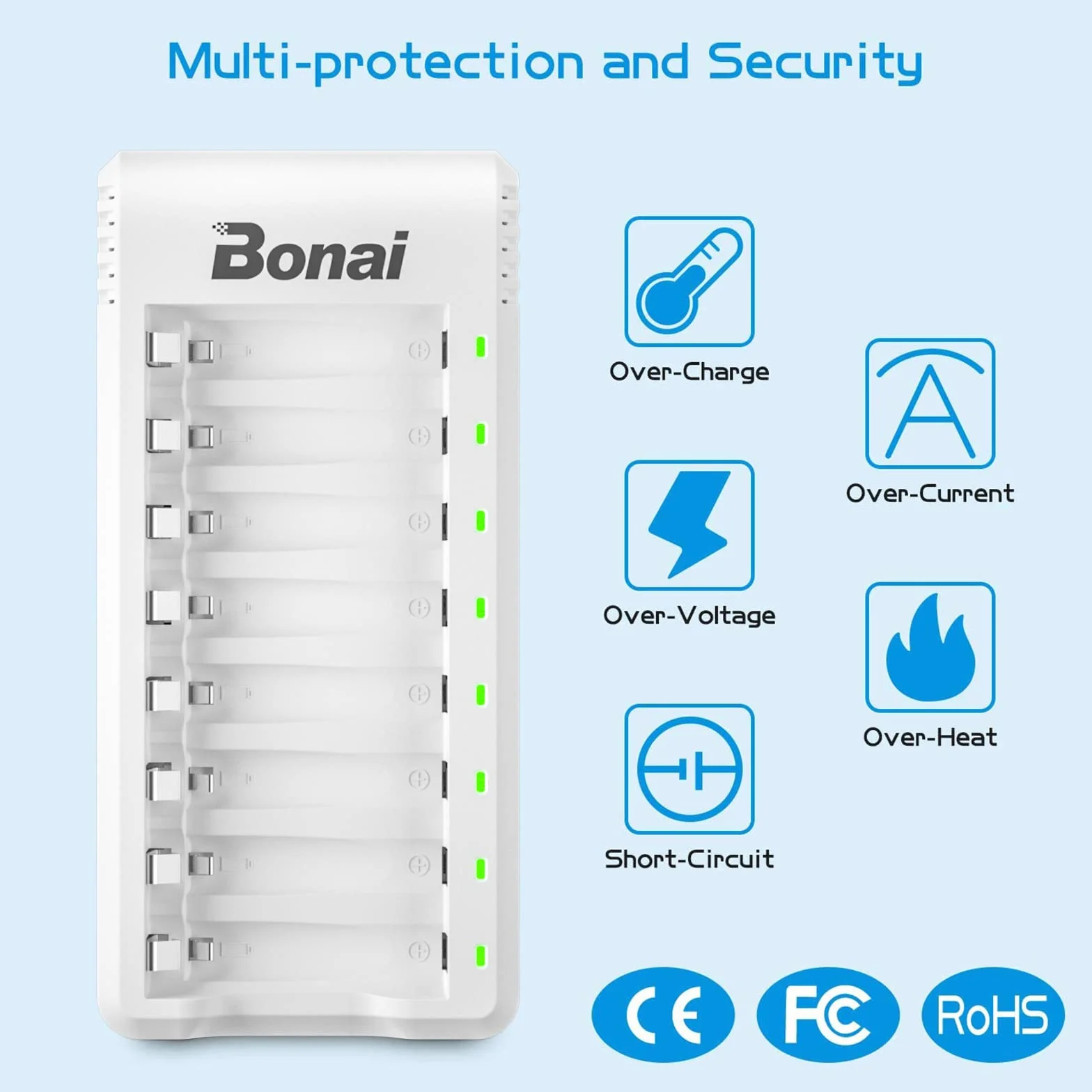 Ładowarka do akumulatorów AA i AAA oraz Ni-MH i Ni-CD marki Bonai z portem USB, 8 gniazdami i wskaźnikami LED.