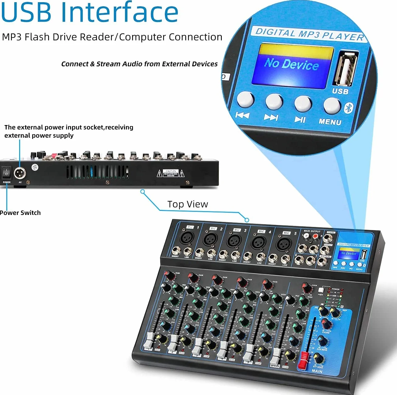 Depusheng HT7 przenośny mikser audio Bluetooth z USB DJ Sound, konsola mieszająca MP3, gniazdo 48 V, Power 7-kanałowy, mikser do nagrywania komputera
