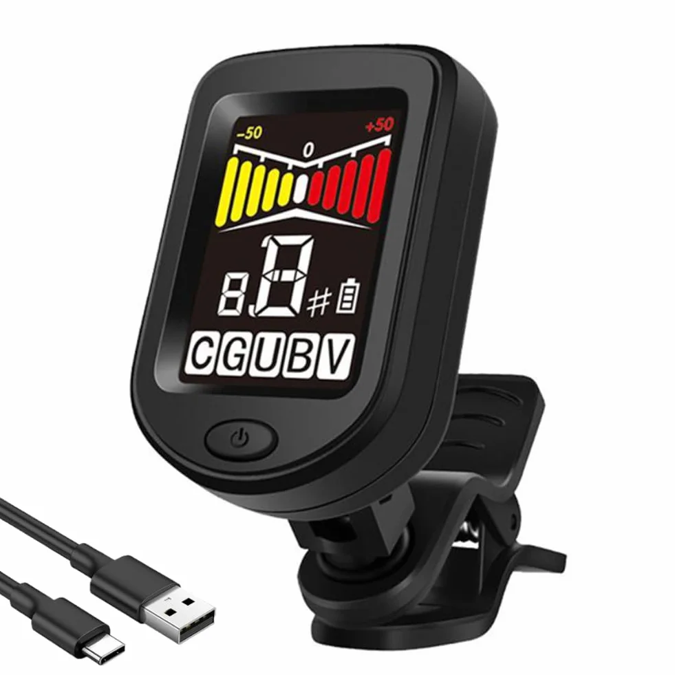 Tuner gitarowy z możliwością ładowania, tuner gitarowy, klips, cyfrowy tuner akcesoriów gitarowych z kolorowym wyświetlaczem LCD, klips do tunera gitarowego z kablem typu C, do gitary