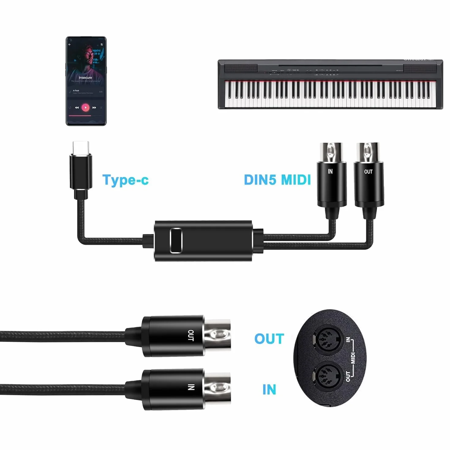 XMSJSIY MIDI do USB typu C Interface kabel adapter 5-pinowy MIDI do wejścia i wyjścia typu C, kabel z wyświetlaczem LED do fortepianu, klawiatury do PC Mac Laptop -2M (typ C)