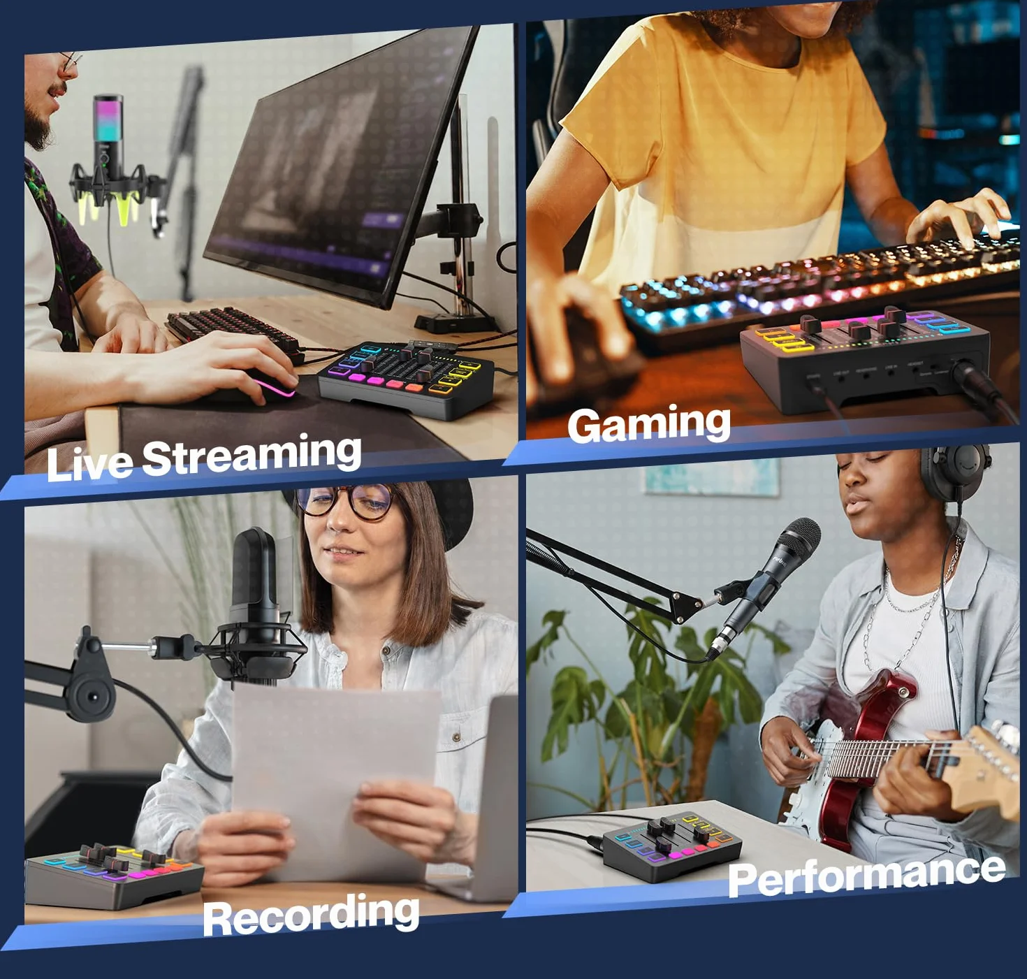 FIFINE Mikser audio do gier, streaming RGB PC mikser z interfejsem mikrofonu XLR, indywidualne sterowanie, regulator głośności, przycisk wyciszenia, zasilanie fantomowe 48 V, do podcastów, nagrywania,