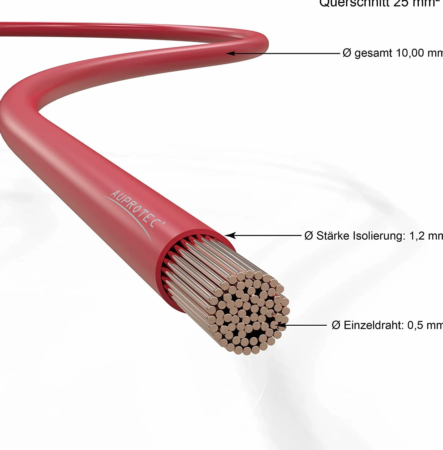 AUPROTEC 1m kabel samochodowy 25.0 mm² Fly zasilający do akumulatora uziemiający, czerwony