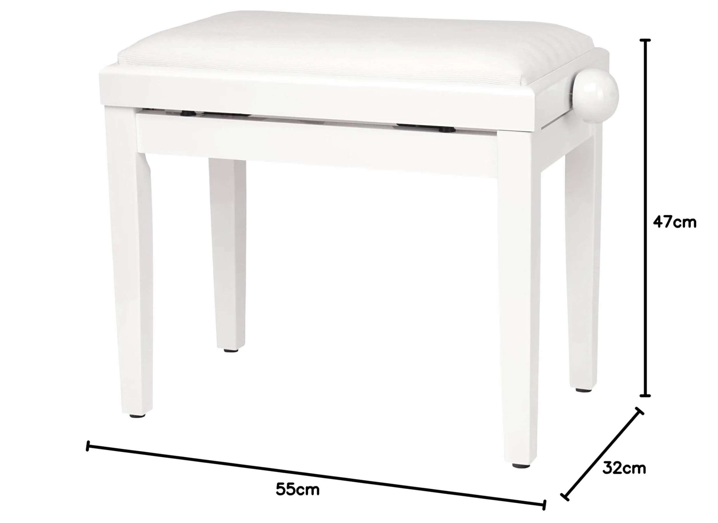 Classic Cantabile Ławka do pianina biała, wysoki połysk (regulacja wysokości 47-56 cm, mechanizm wrzecionowy, powierzchnia siedziska 55 x 32 cm, biała poszewka welurowa, stabilna)