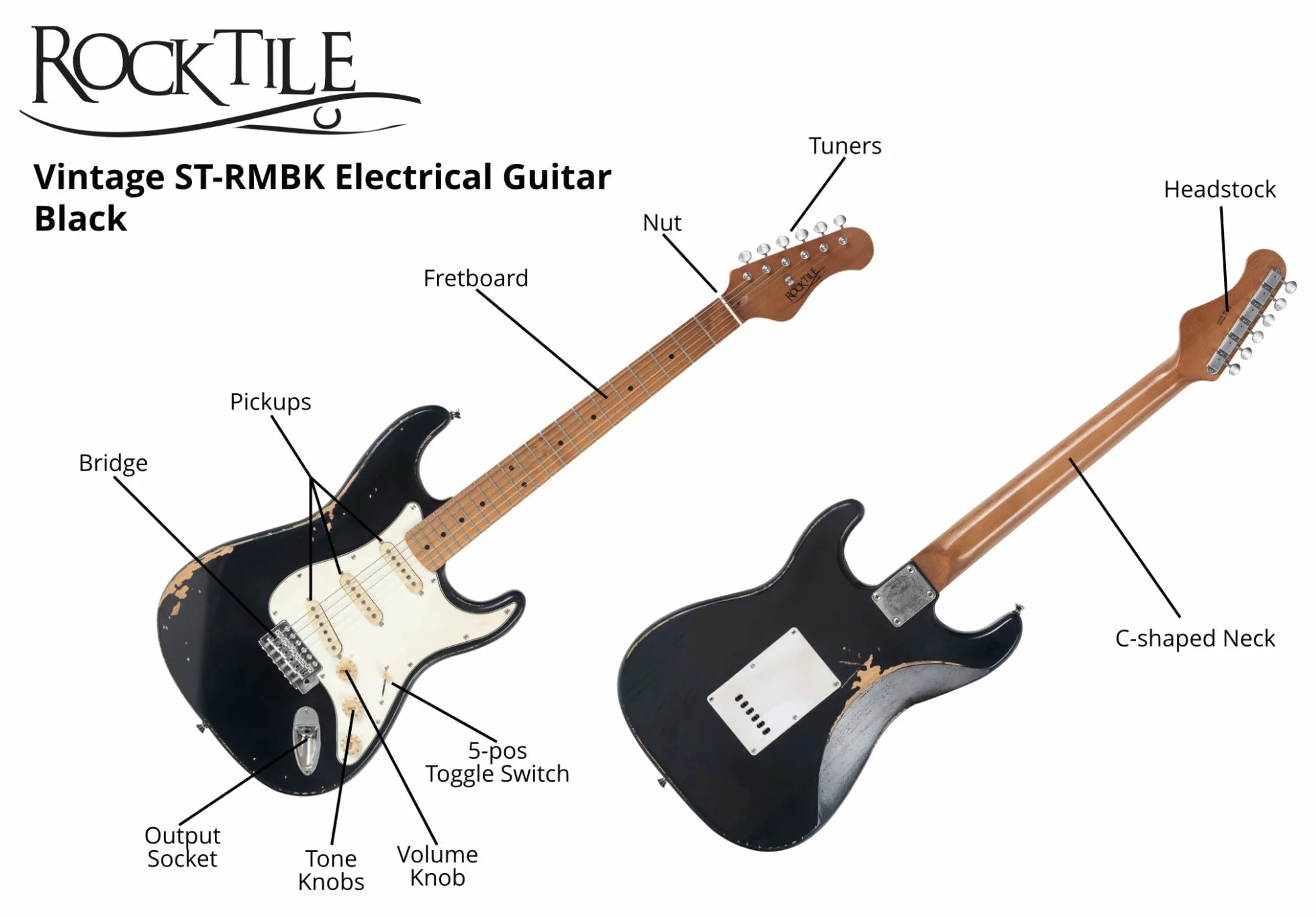 Rocktile Vinstage ST-RMBK gitara elektryczna relicowa jesion prażony klon 3 x Single Coil Pickup czarny