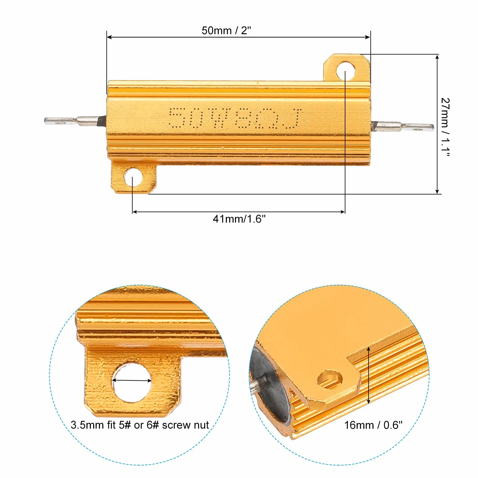 PATIKIL Ohm 50W 8 omów aluminiowa obudowa oporowa, 2 szt. oporu z aluminiową obudową, opór drutowy opór z wtyczką śrubową Tolerancja 5%, złoty