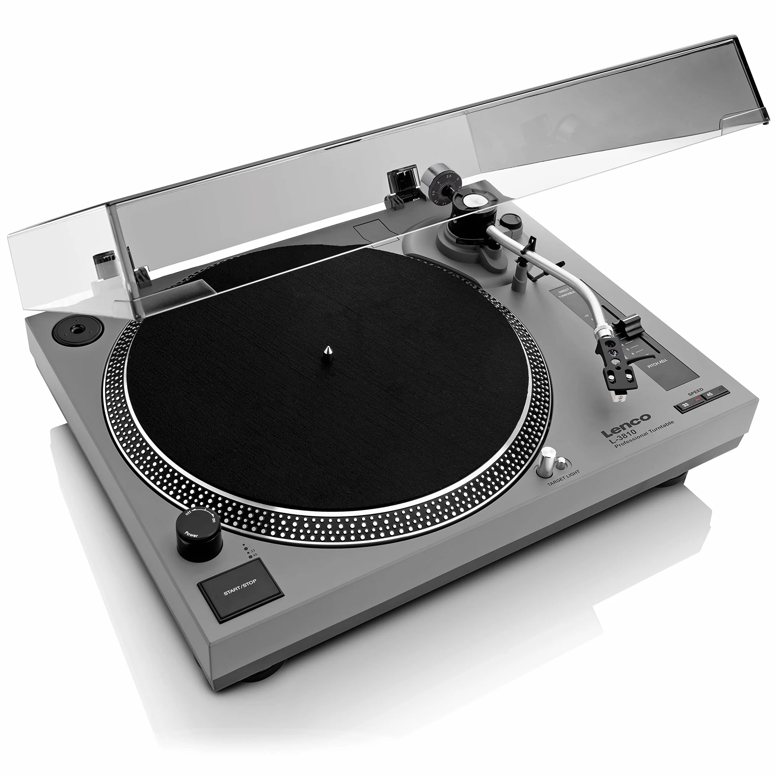 Lenco L-3810 gramofon z napędem bezpośrednim – gramofon DJ – 33/45 obr./min – Pitch Control – system magnetycznego odbiornika dźwięku – oświetlenie igły, kontrola Pitch Control – matowy szary