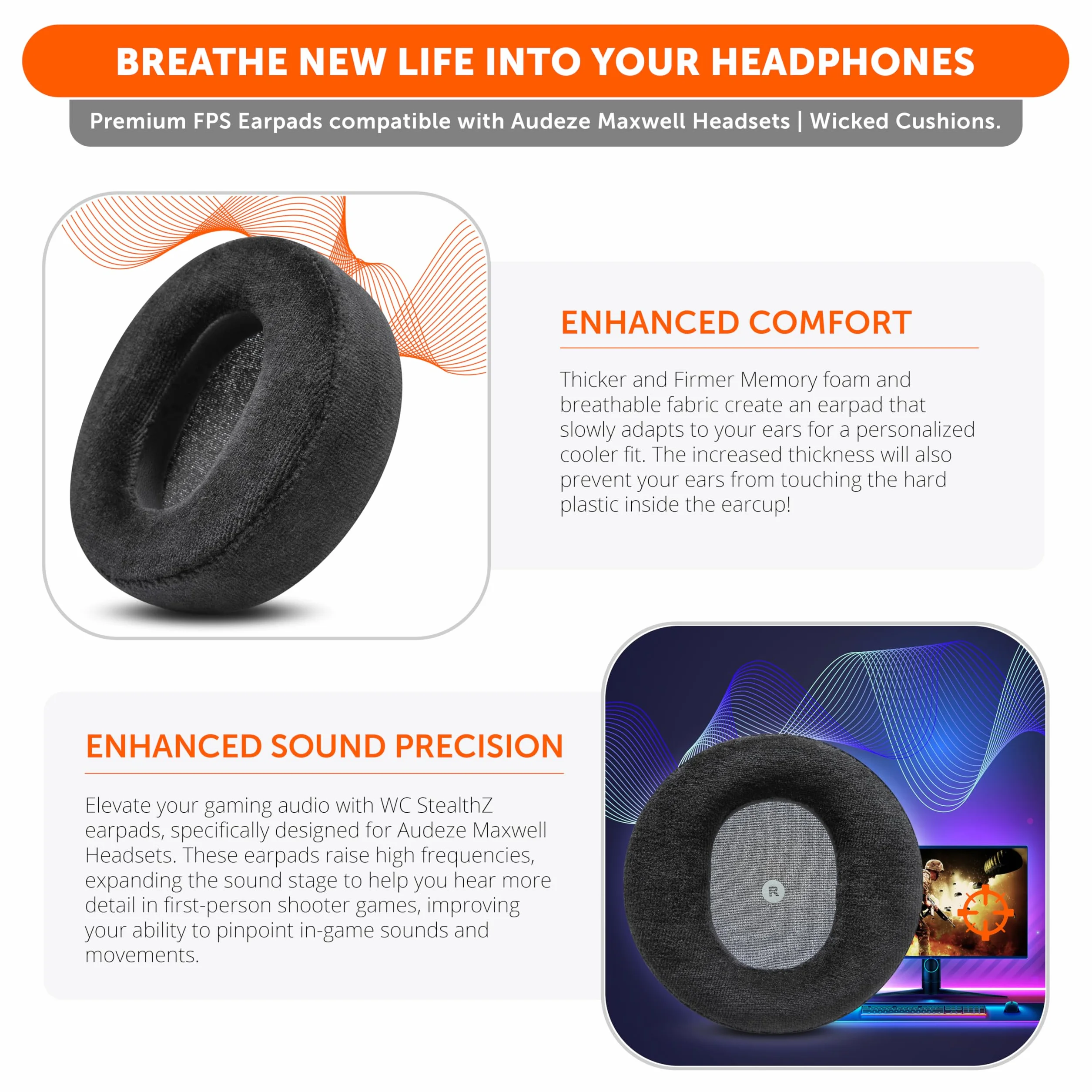 WC StealthZ Maxwell – nauszniki zorientowane na FPS do Audeze Maxwell na konsole Xbox i PS5 firmy GadgetryTech i Wicked Cushions | Lepsza precyzja dźwięku i przewiewny komfort | Black