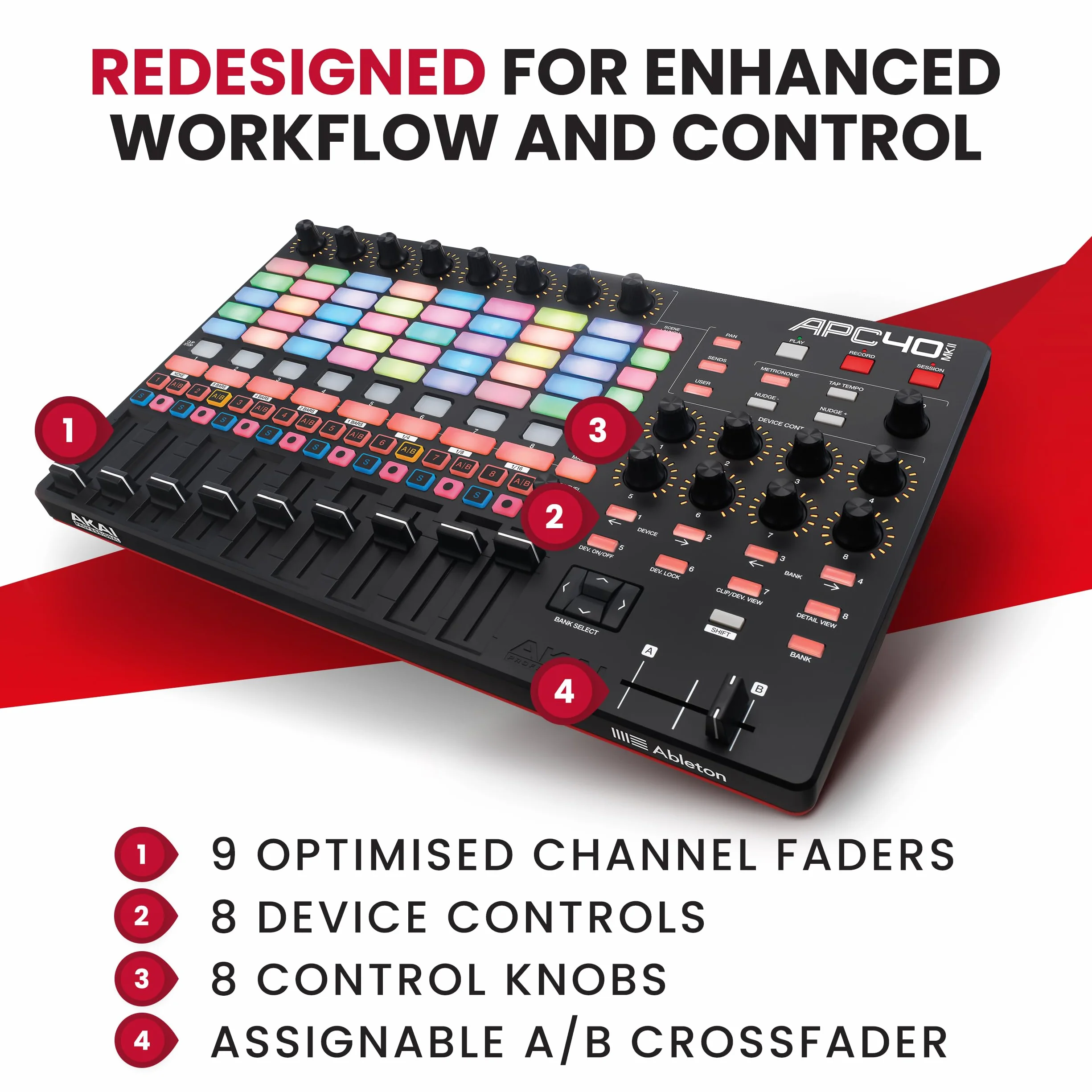 Akai Professional APC40 MKII - Kontroler MIDI USB, mapowanie 1:1 z Ableton Live Lite, Matryca do Klipów 5x8, Pokrętła i Fader, Pakiet Oprogramowania