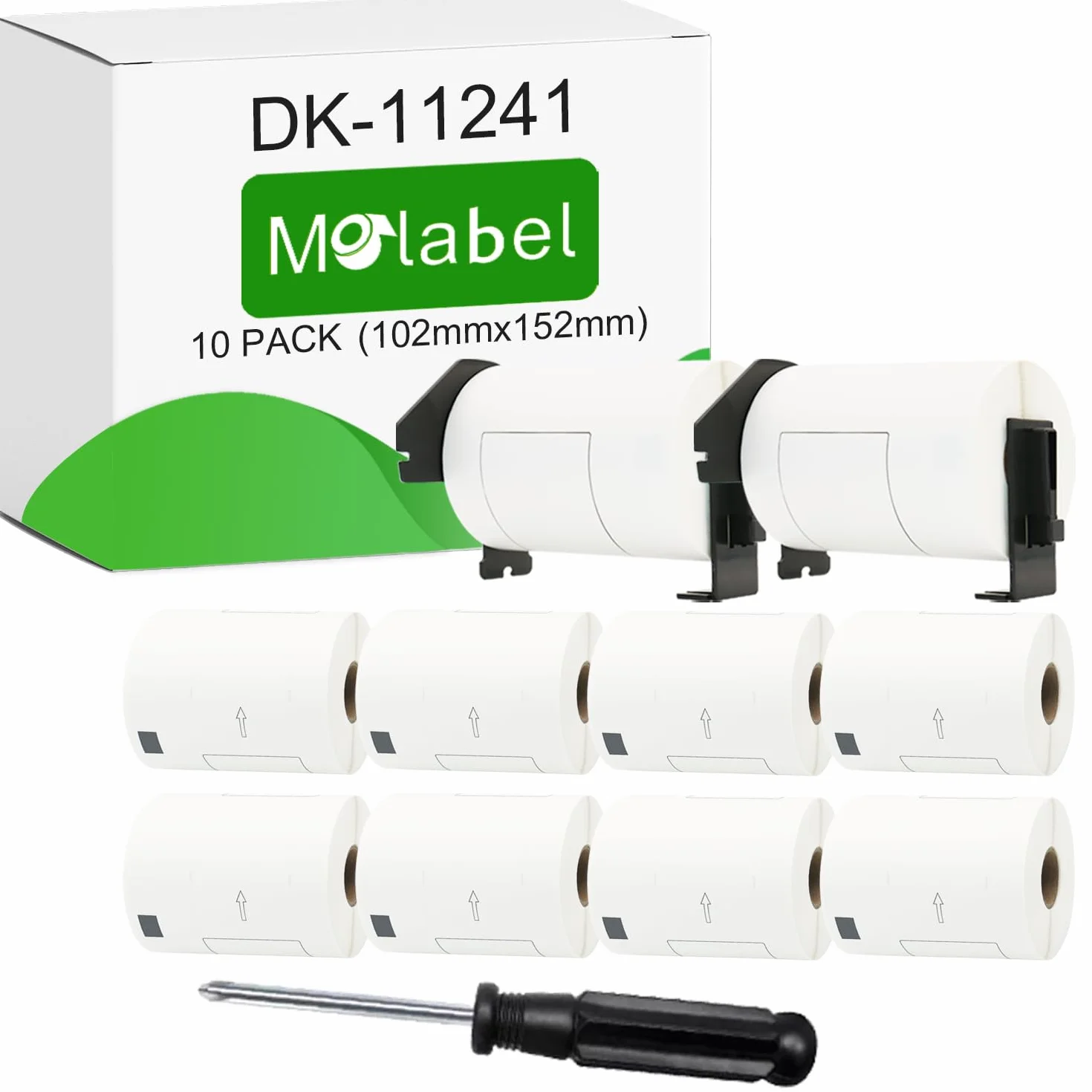 10 rolek etykiet DK-11241, 102 mm x 152 mm, łącznie 1200 etykiet, z 2 zdejmowanymi uchwytami i śrubokrętem, odpowiednie do drukarek etykiet Brother QL.