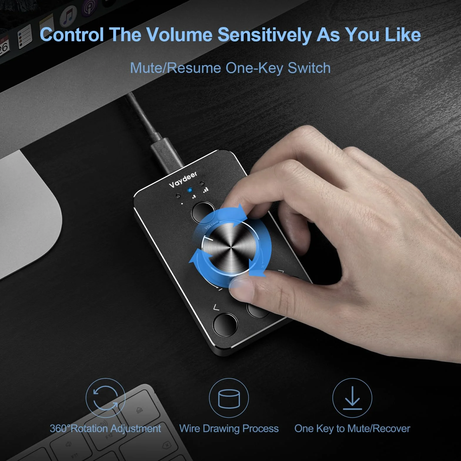 Vaydeer - Pomo de Control de Volumen USB con una tecla de Silencio para Ordenador, Ajuste de Audio, Control Remoto de Volumen de Audio, Compatible con WinXP/7/8 10/Vista/Mac/Linux