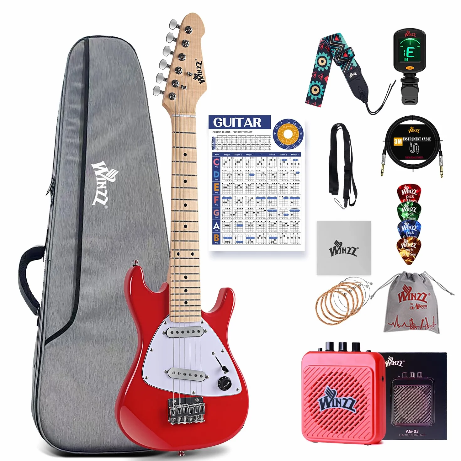 Winzz Zestaw gitarowy dla dzieci 30-calowy, mini gitara elektryczna juniorska (rozmiar 1/4) dla dzieci, kompletny zestaw dla początkujących z wzmacniaczem, połyskujący kolor czerwony