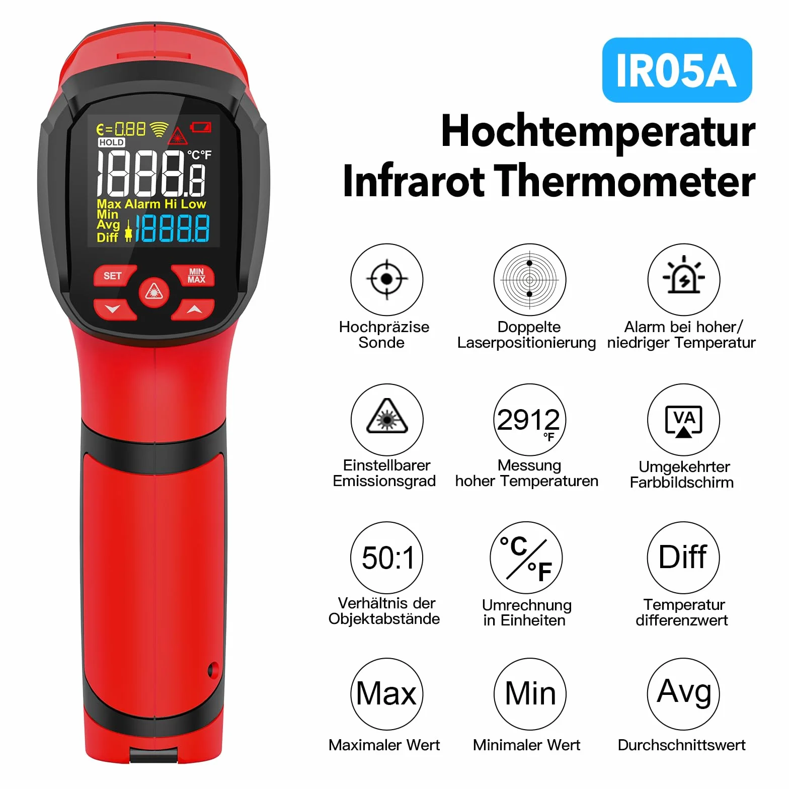 Termometru na Podczerwień Pirometr MESTEK 50:1 Pistolet Temperaturowy, -40℃ do 1600℃ Termometr Laserowy z Kolorowym LCD do Przemysłowego Wytopu Metali Kucia HVAC,Regulowana Emisyjność