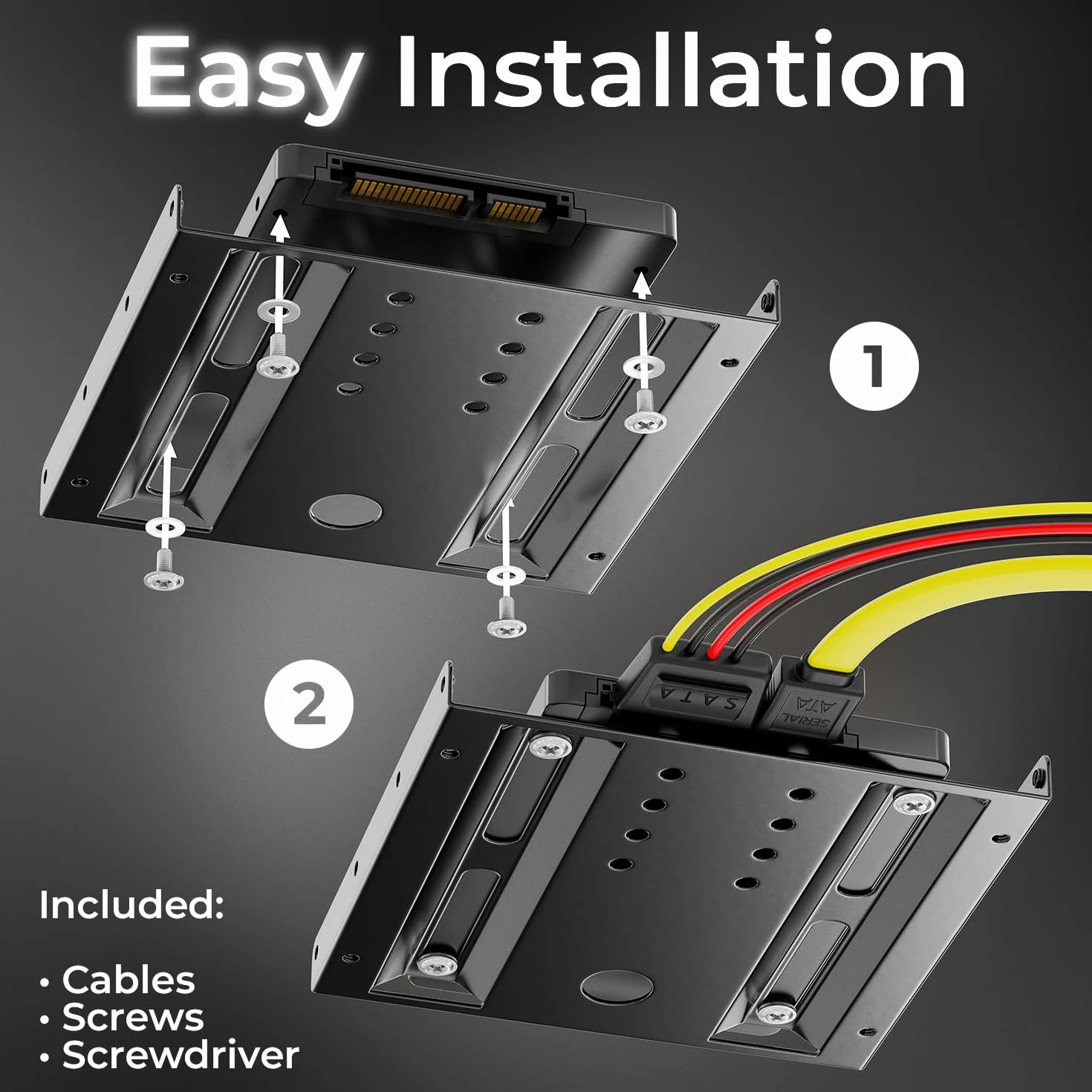 deleyCON Rama Montażowa dla Dysków Twardych 2,5" Adapter Dysków SSD do 3,5" Zdejmowana Rama Uchwyt Montażowy Szyny w Tym Śruby Adapter Zasilania Kabel SATA i Śrubokręt - Czarny