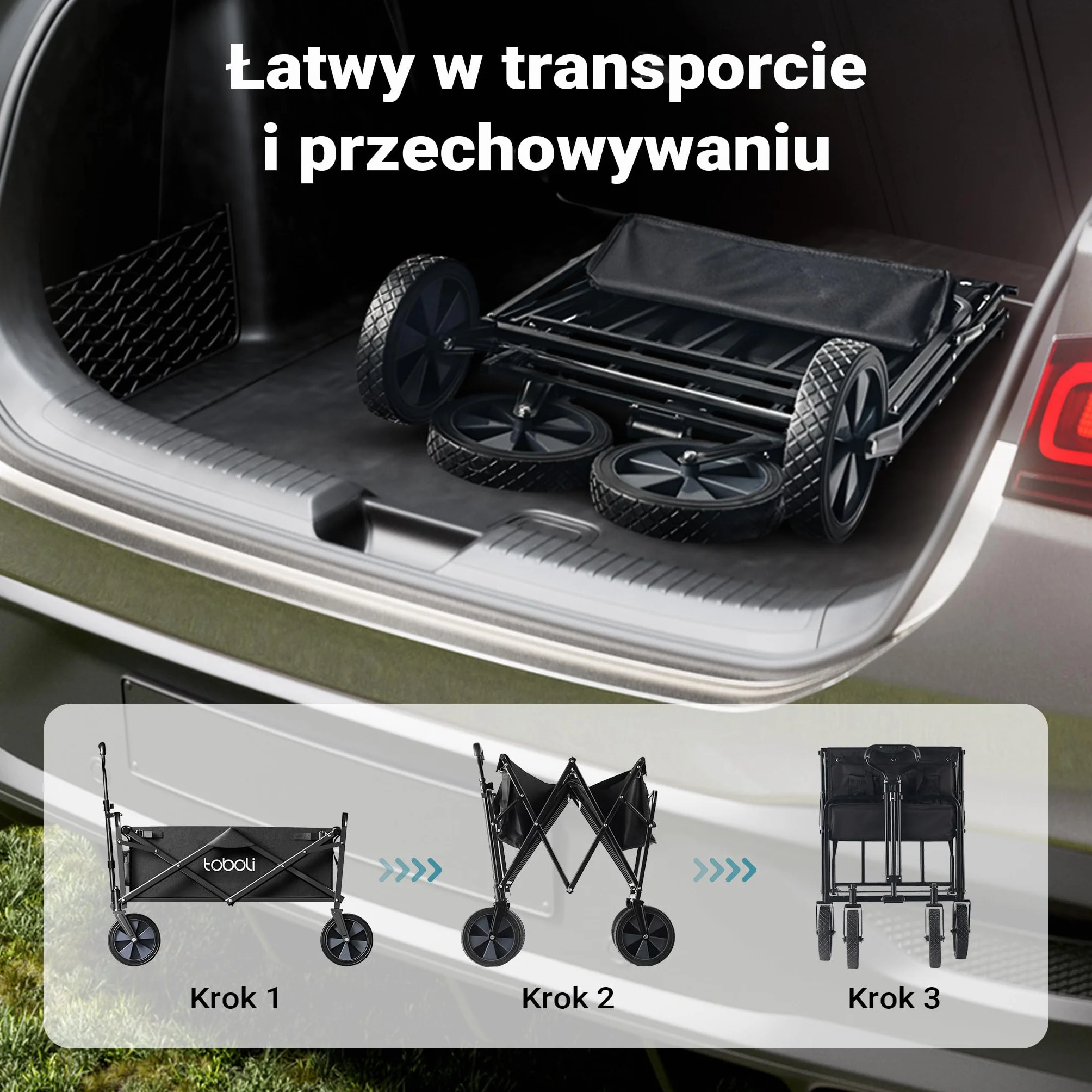 Składany wózek transportowy z teleskopowym uchwytem do 100 kg, kompaktowa przyczepka kempingowa, solidny wózek plażowy, turystyczny i ogrodowy