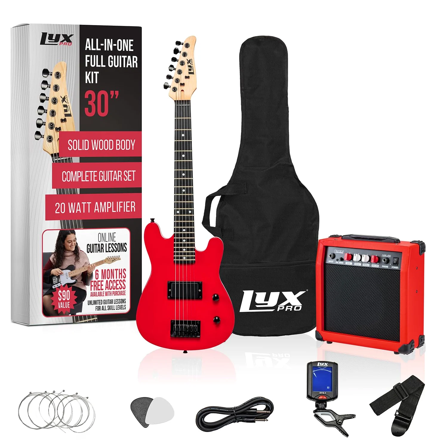 LyxPro Gitara elektryczna i zestaw startowy 30 cali dla dzieci z gitarą dla początkujących, wzmacniaczem, sześcioma strunami, dwoma kostkami, paskiem na ramię, cyfrowym tunerem, kablem gitarowym i