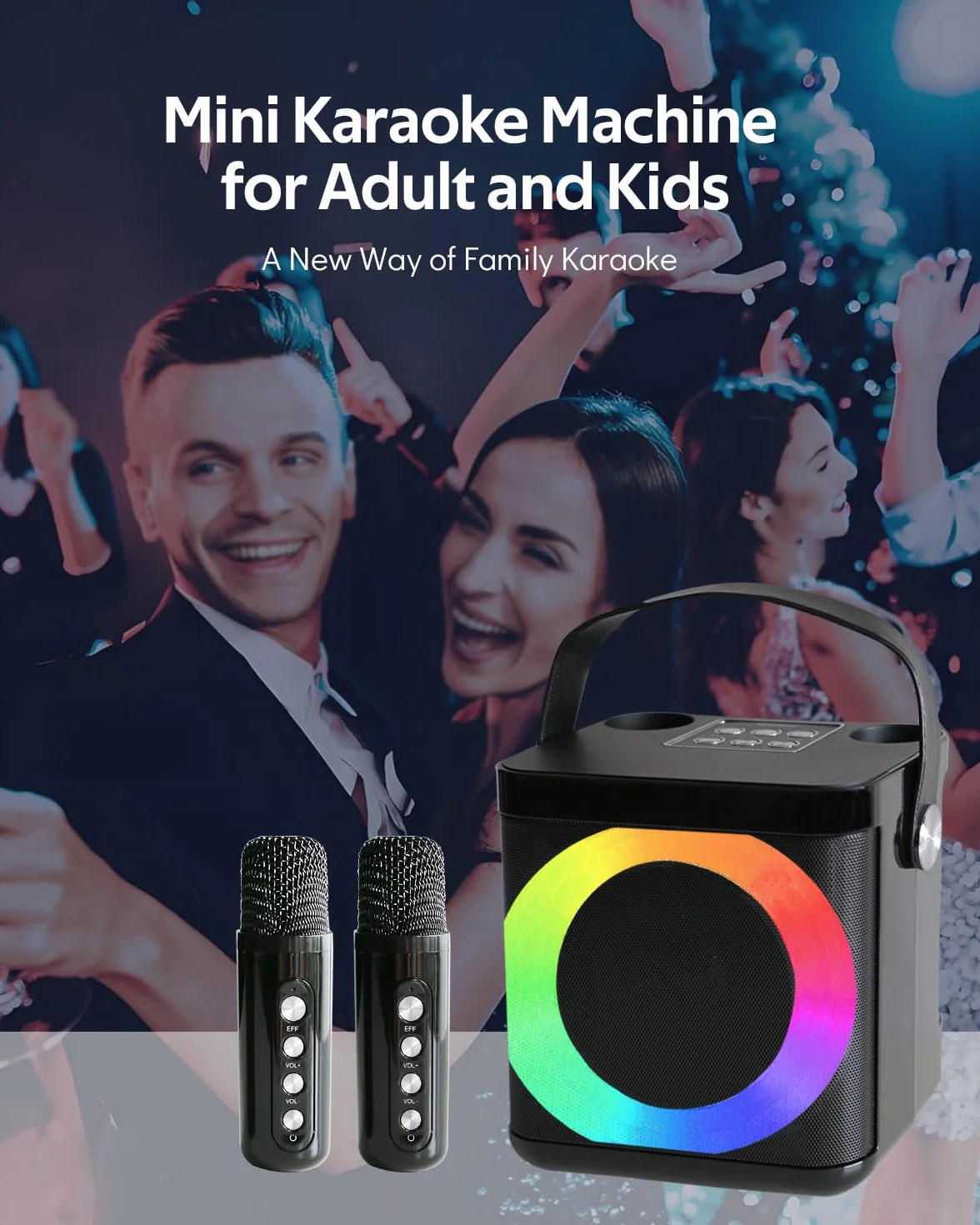 Maszyna do karaoke dla dorosłych i dzieci z 2 bezprzewodowymi mikrofonami UHF, przenośny głośnik Bluetooth, system głośników PA z lampkami imprezowymi LED, na imprezę, piknik, do samochodu, na