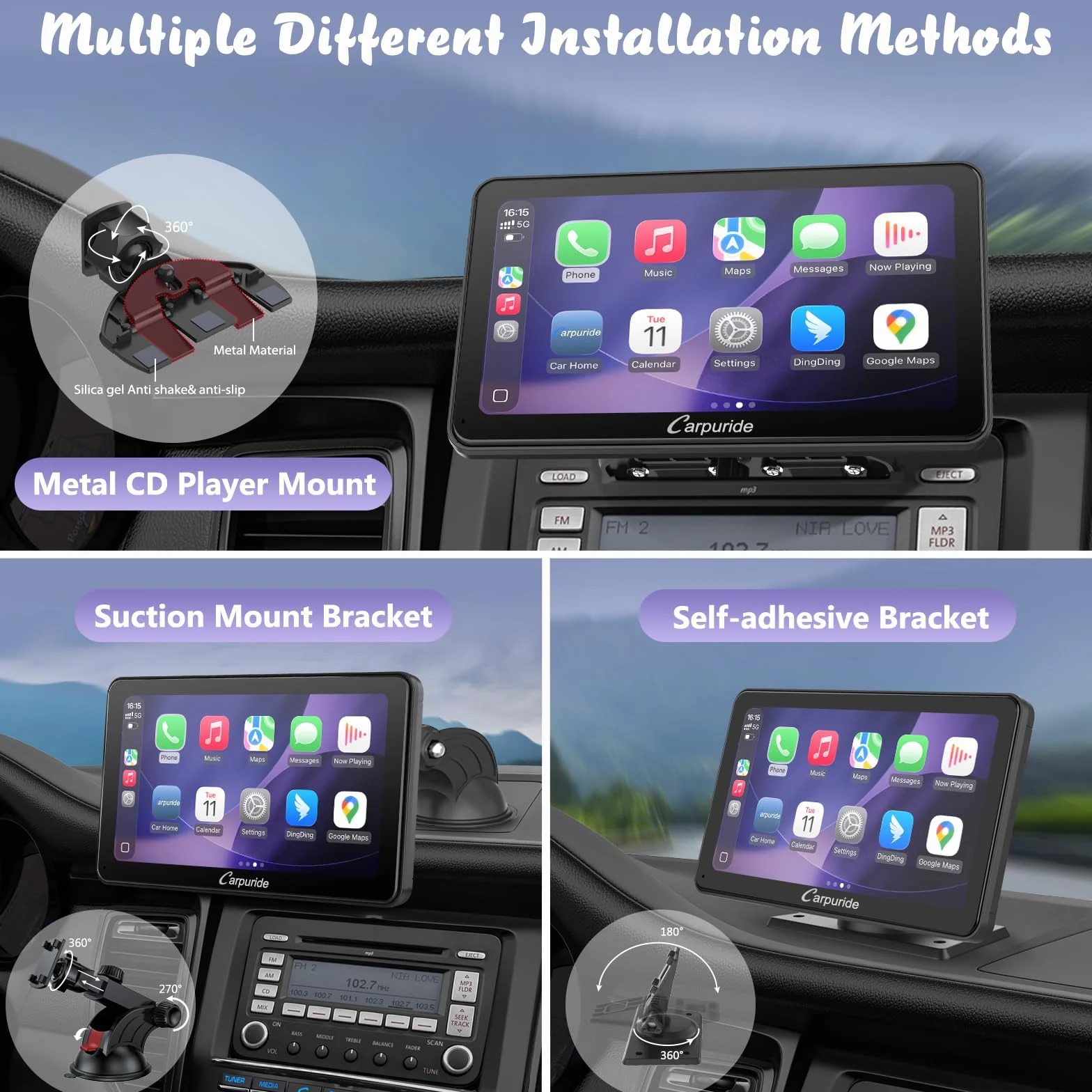 Carpuride W701 Pro z bezprzewodową transmisją Bluetooth, przenośne radio samochodowe z CarPlay i Android Auto, 7-calowy ekran dotykowy 1080p, MirrorLink/GPS/Siri/FM, w zestawie 3 uchwyty