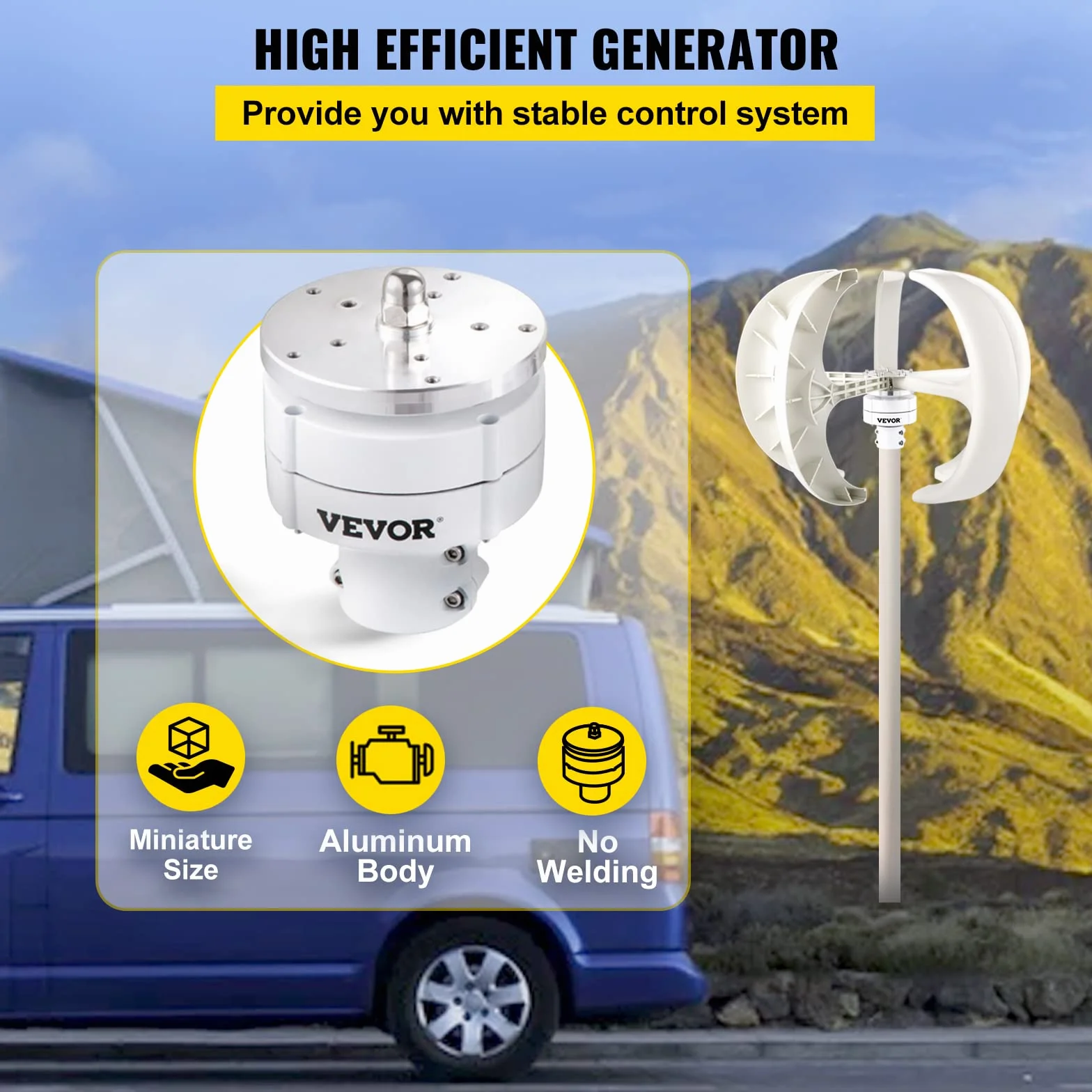 VEVOR Generator wiatrowy, 600 W, 12 V, z turbiną słoneczną, przenośną latarnią
