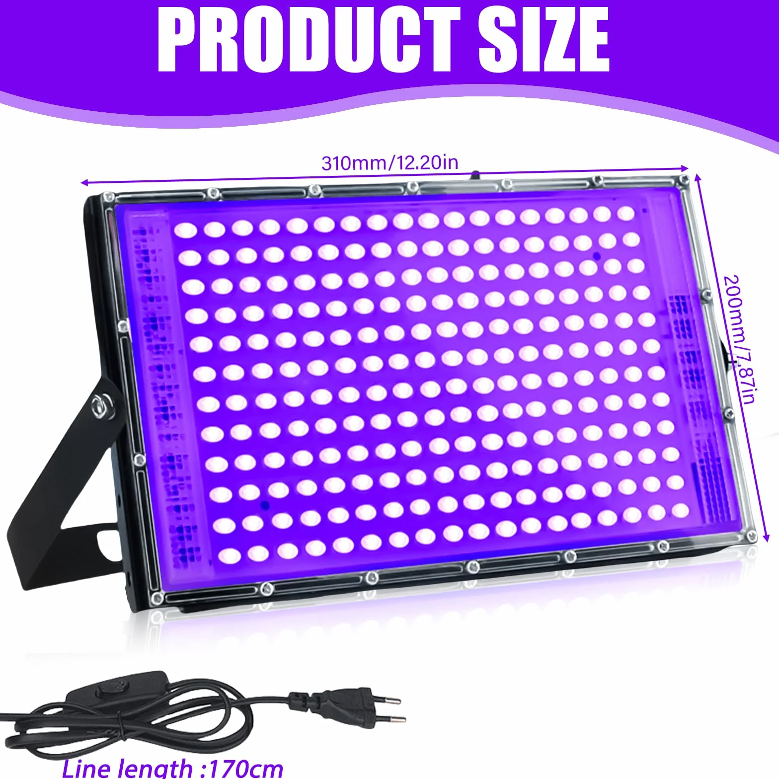 BAIFULAI Reflektor UV z czarnym światłem 200 W, 216 diod LED, klasa wodoszczelności IP65, czarne światło z wtyczką, na dyskotekę, imprezę, oświetlenie sceniczne, dekoracja Halloween, akcesoria