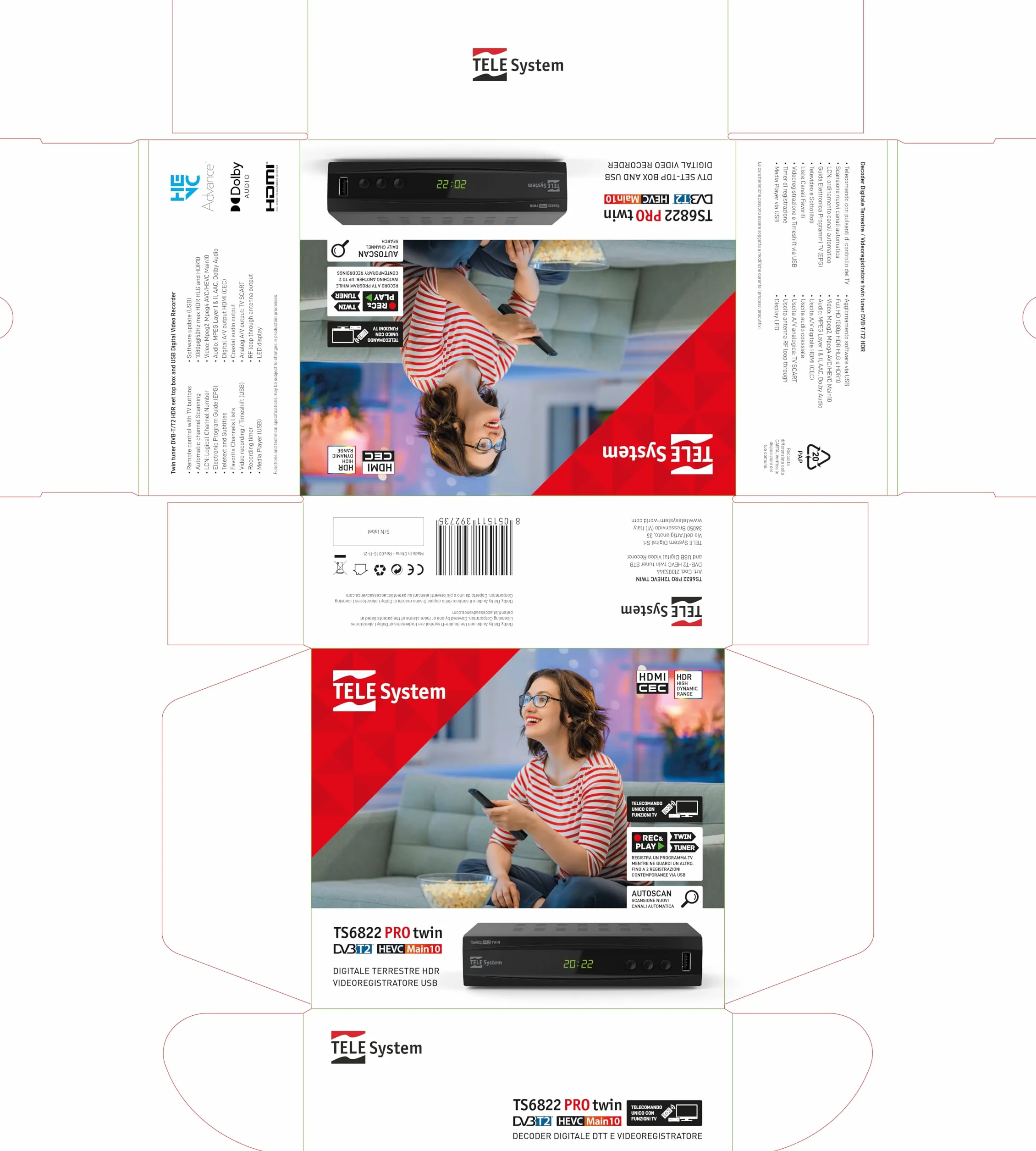 TELE System TS6822 PRO DVB-T2 HEVC cyfrowy dekoder naziemny i rejestrator wideo z dwoma tunerami DVB-T2 HD HDR (HDR10/HLG) z wyświetlaczem i pilotem zdalnego sterowania 2 w 1 ze sterowaniem