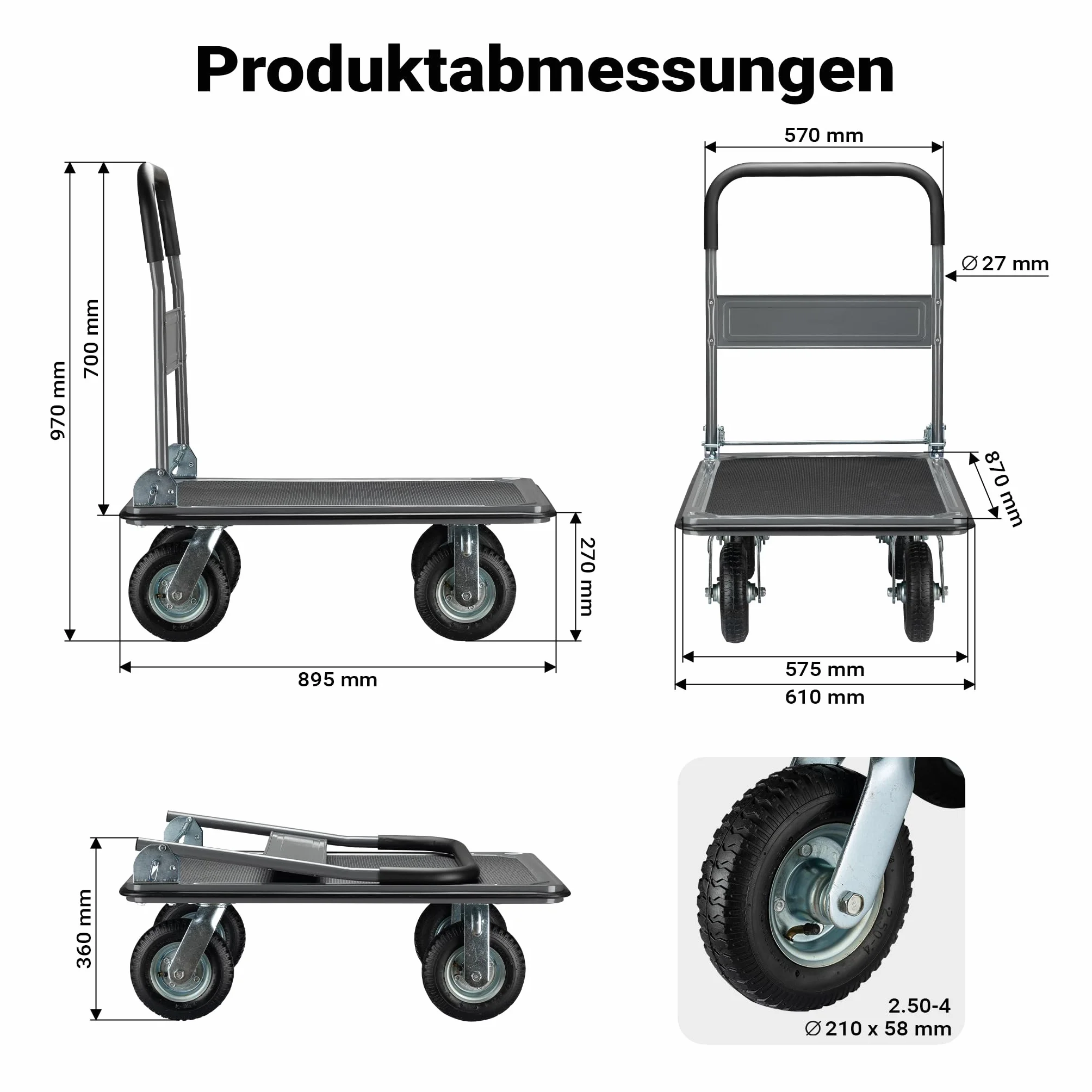 Wiltec Wózek transportowy platformowy 300 kg, składany wózek magazynowy 895x610x985 mm, ręczny wózek z pompowanymi kołami i antypoślizgową platformą