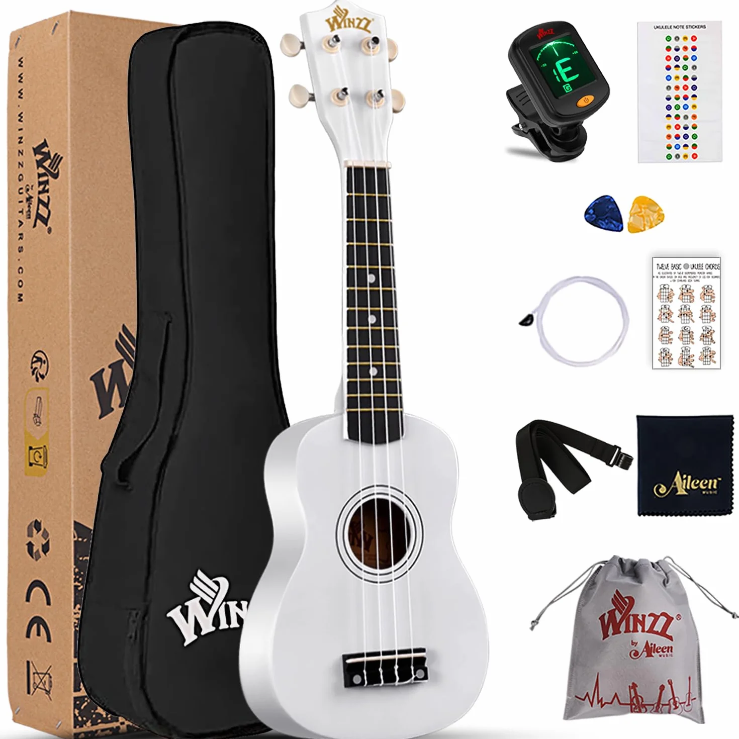 Winzz ukulele sopranowe, zestaw startowy dla początkujących z pokrowcem, urządzeniem do strojenia, dodatkowymi strunami, paskiem, plektronem, naklejkami na próg, arkuszem z chwytami
