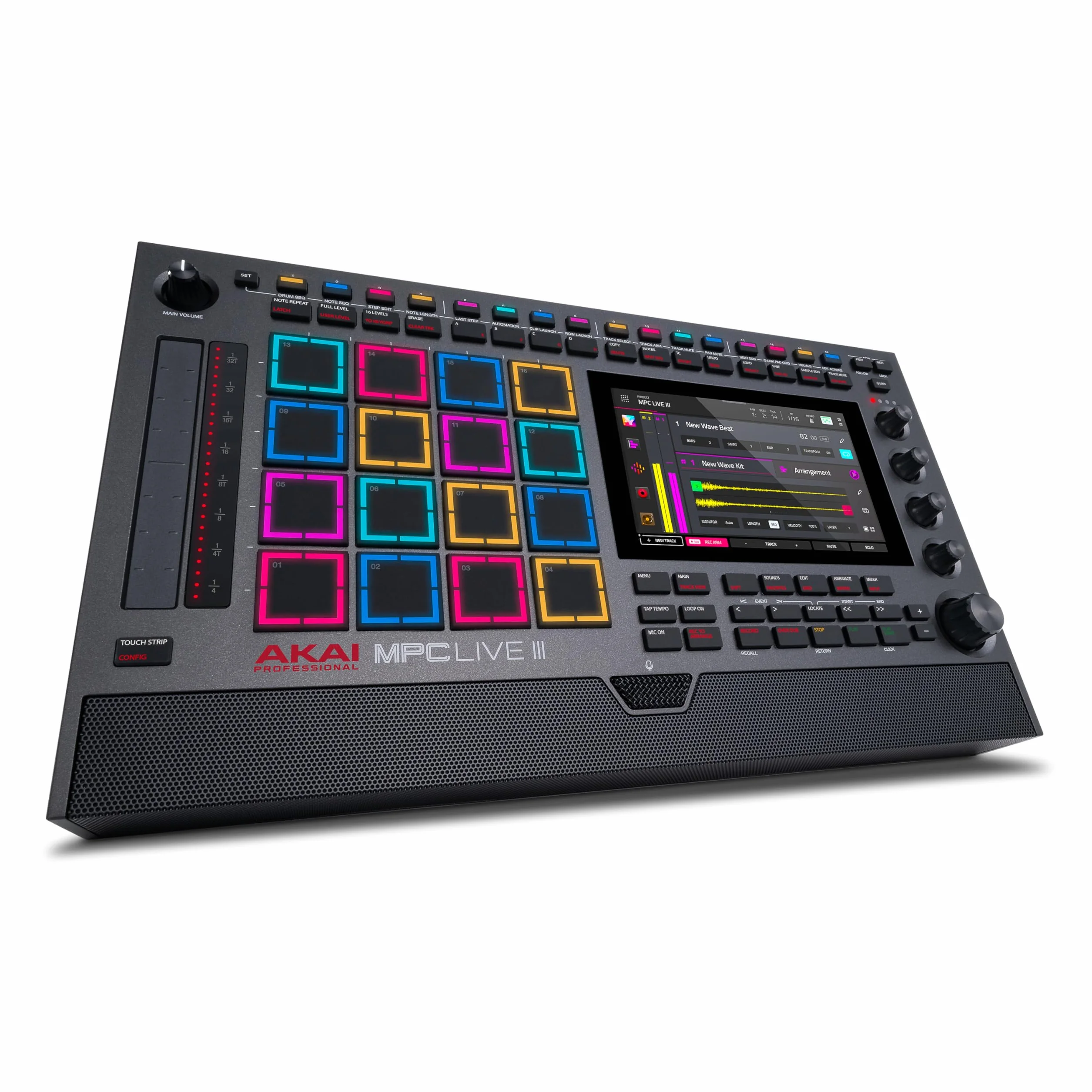 Akai Professional MPC Live III Przenośne centrum produkcji muzycznej z padami MPCe, sekwencerem, ekranem dotykowym, mikrofonem, monitorami, interfejsem audio, Wi-Fi, Bluetooth, baterią, touchstripem