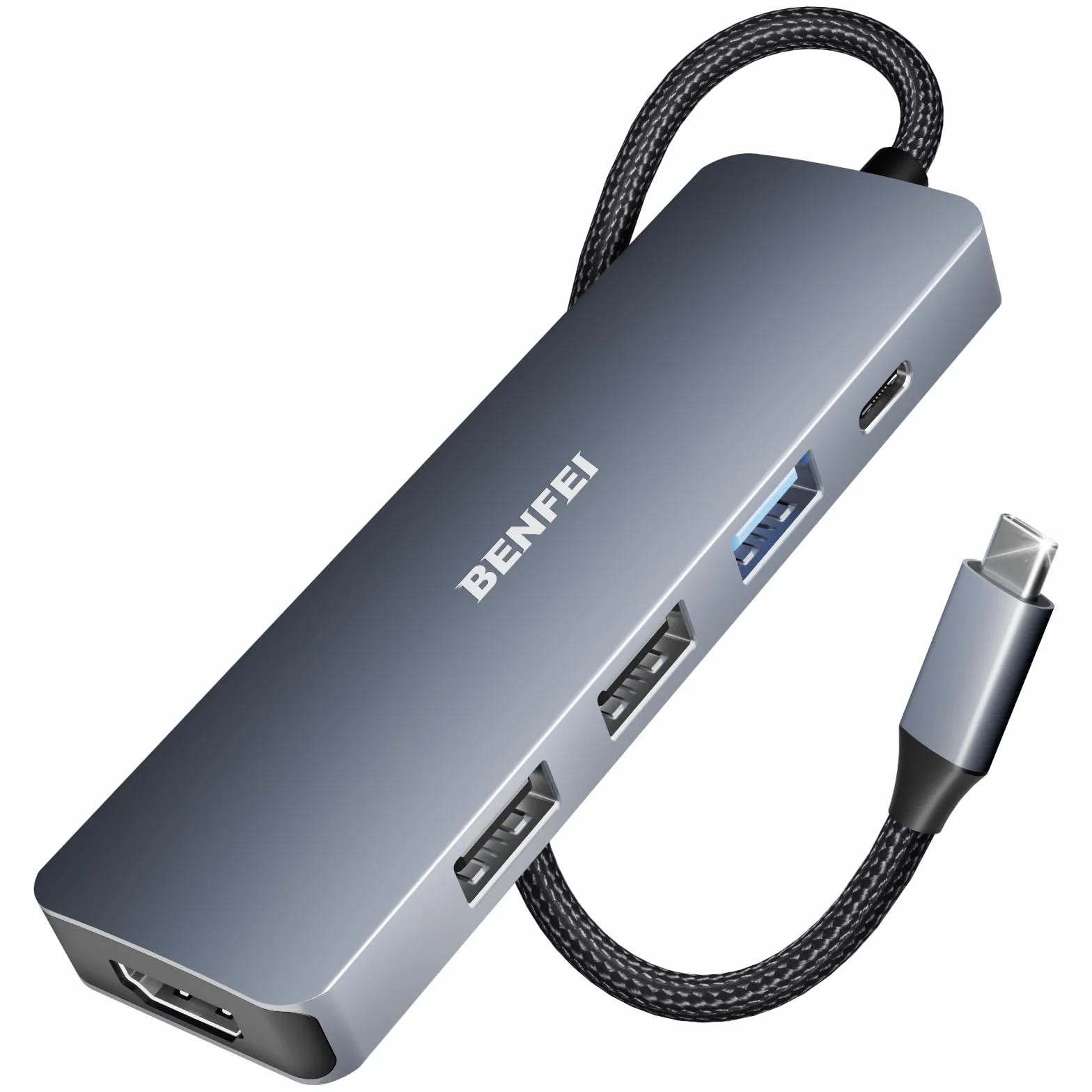 BENFEI USB C Hub 5 w 1 z 4K HDMI (certyfikowany), zasilanie 100 W, 3 USB-A, kabel silikonowy, aluminiowa obudowa kompatybilna z MacBookiem Pro/Air, iPadem Pro, iMacem, XPS, Thinkpadem