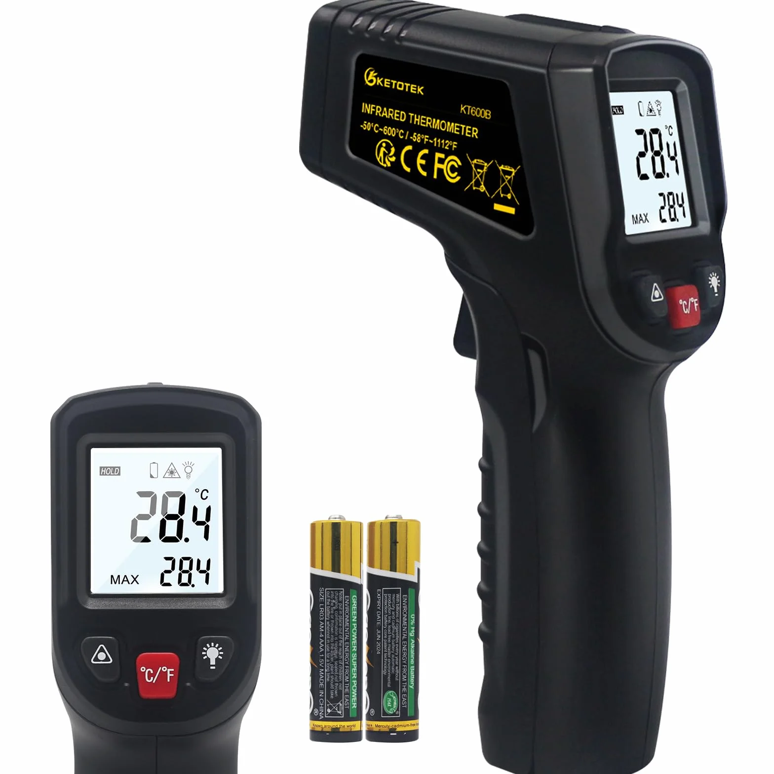 KETOTEK Bezdotykowy termometr na podczerwień, cyfrowy termometr laserowy -50 ℃~600 ℃(-58~1112 ℉), regulowany stopień emisji, do kuchni, żywności, grillowania, pieca do pizzy