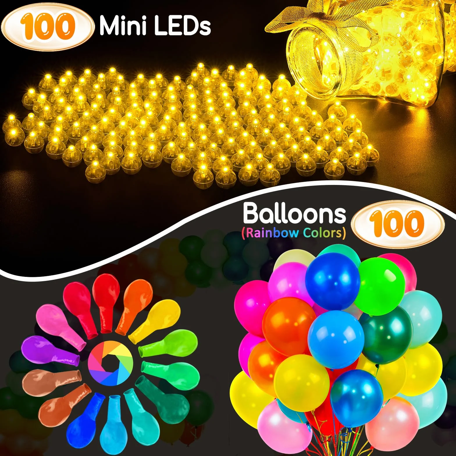 100 diod LED do balonów ciepła biel + 100 balonów