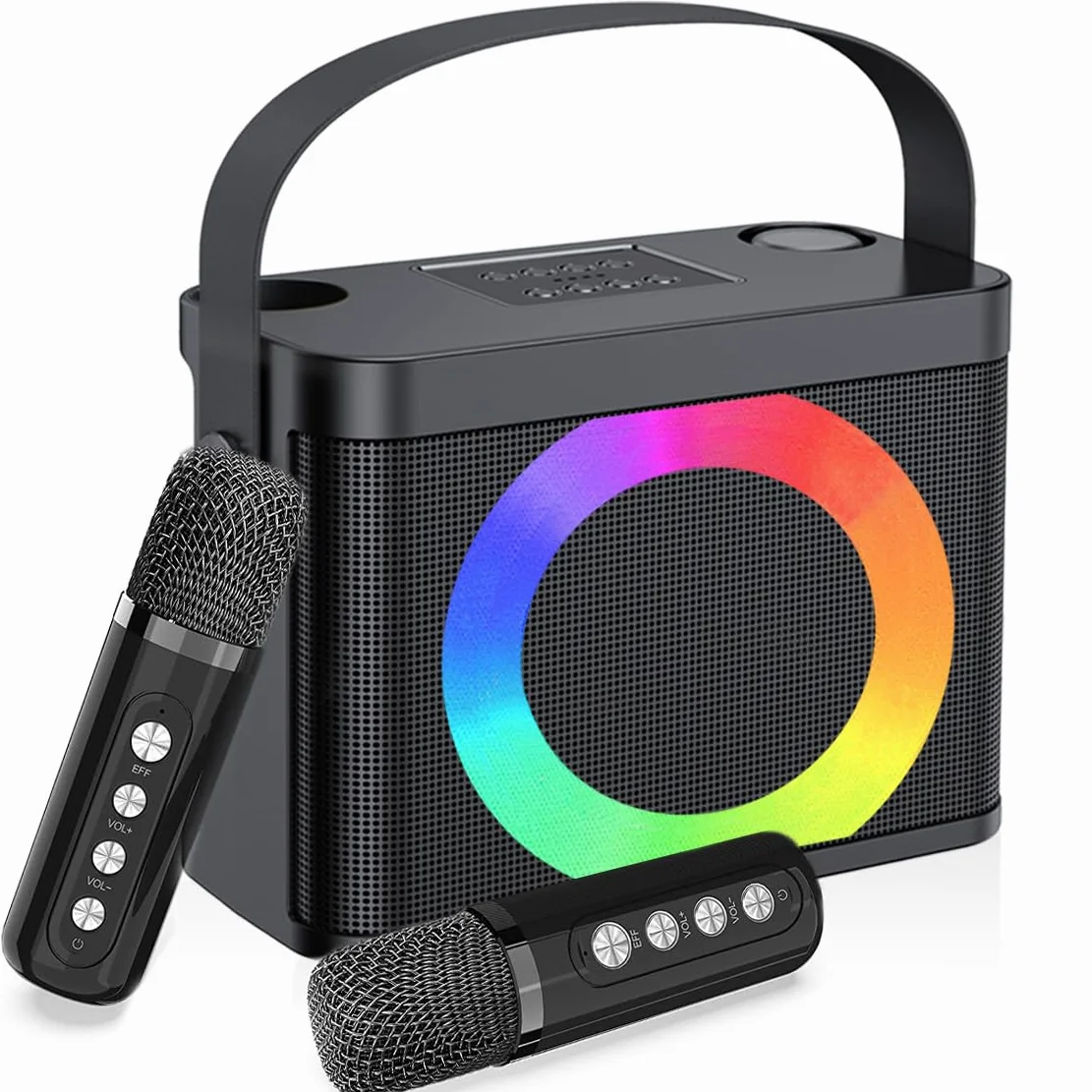 Maszyna do karaoke z 2 mikrofonami bezprzewodowymi, przenośny głośnik Bluetooth ze światłem RGB, urządzenie do karaoke, na imprezę domową, system PA dla dorosłych