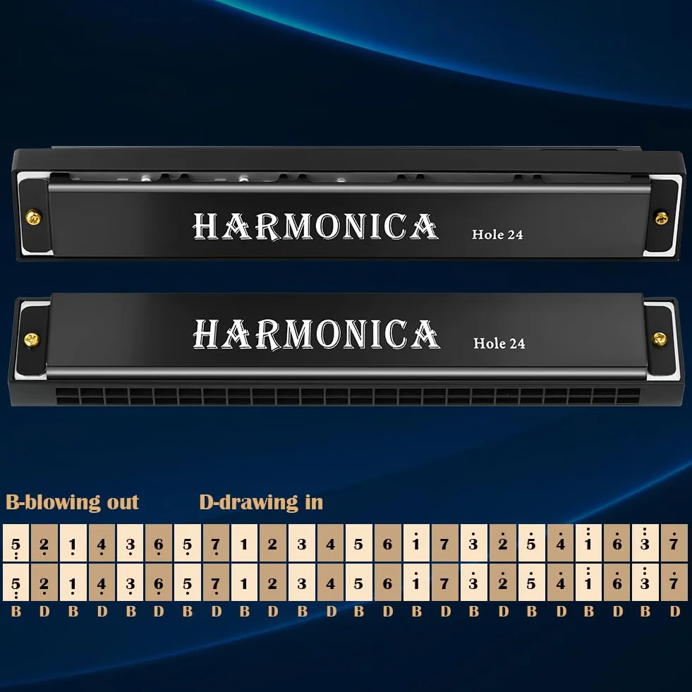 OFFCUP Wibrafon, 24-otworowa, dwurzędowa harmonijka bluesowa, harmonijka diatoniczna, mosiężny rdzeń, tonacja C, 20 melodii, idealny prezent muzyczny dla początkujących, dorosłych i dzieci (czarny)