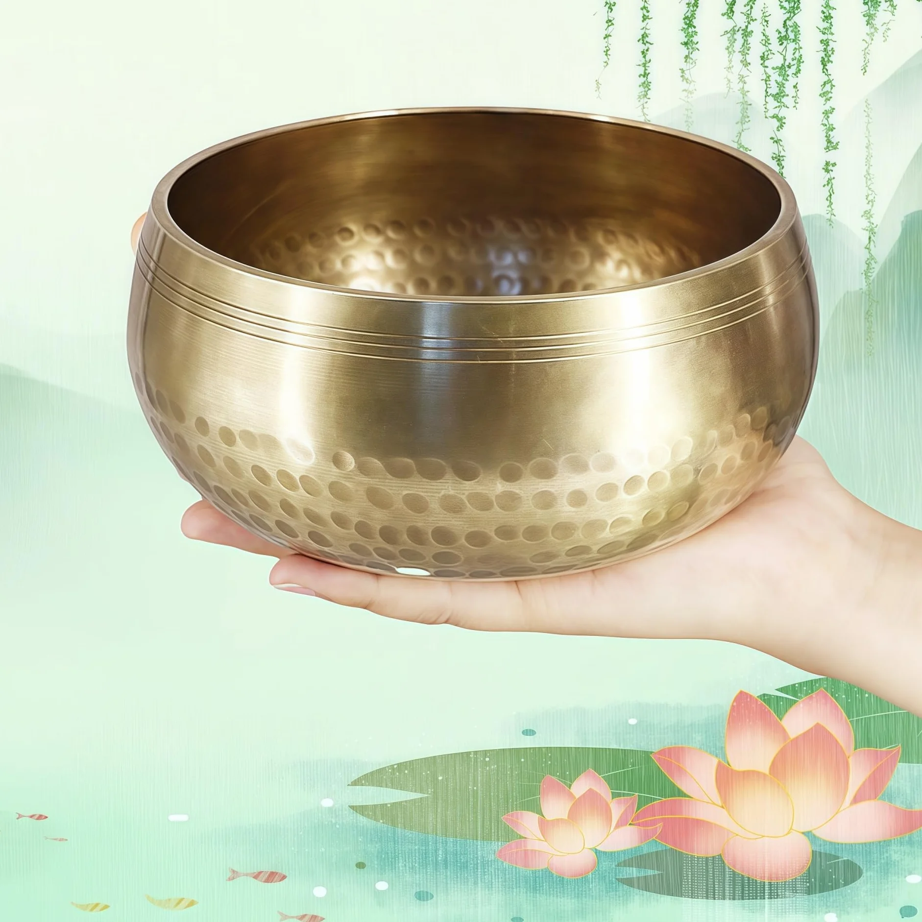 Fay Bless Zestaw tybetańskich misek dźwiękowych, łatwy do grania dla początkujących, autentyczny, ręcznie wykonany, medytacyjny, holistyczny dźwięk (złoty, 8 cm)