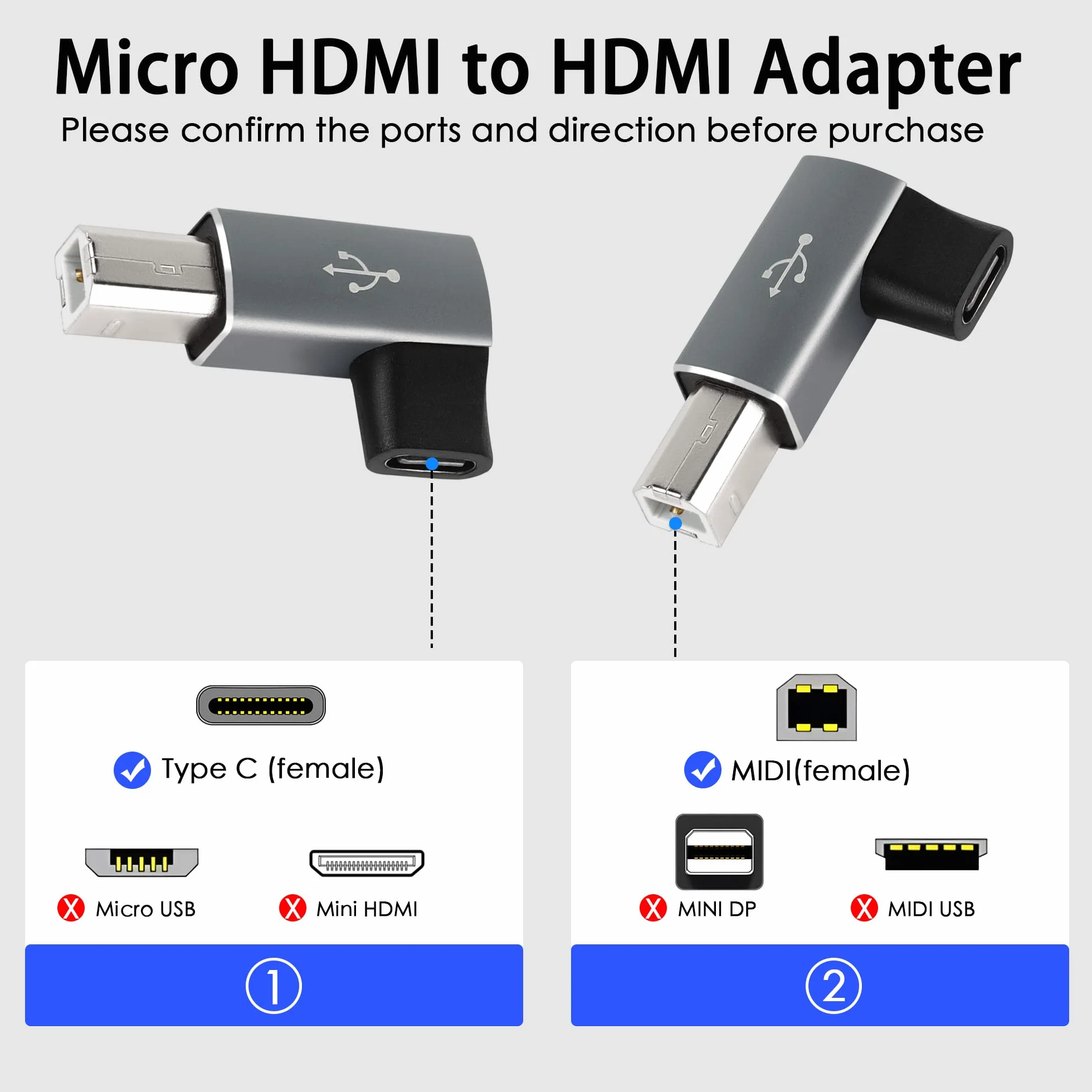 QIANRENON Kąt 90° konwerter adaptera USB C na MIDI żeński do USB B dla drukarki, MIDI pianino elektryczne, perkusja elektroniczna, 2 szt., szary