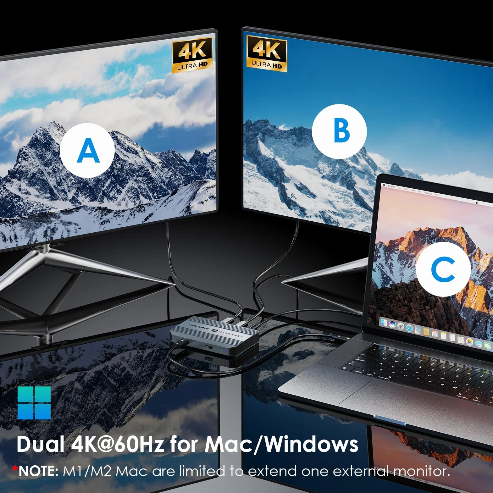 Stacja dokująca Thunderbolt 4, WAVLINK Hub USB C z podwójnym wyświetlaczem 4K@60Hz, dostarczanie mocy 100W, USB-A 3.2 Gen 2, do MacBook Pro/Air M1 M2 M3, laptop Thunderbolt 4/3