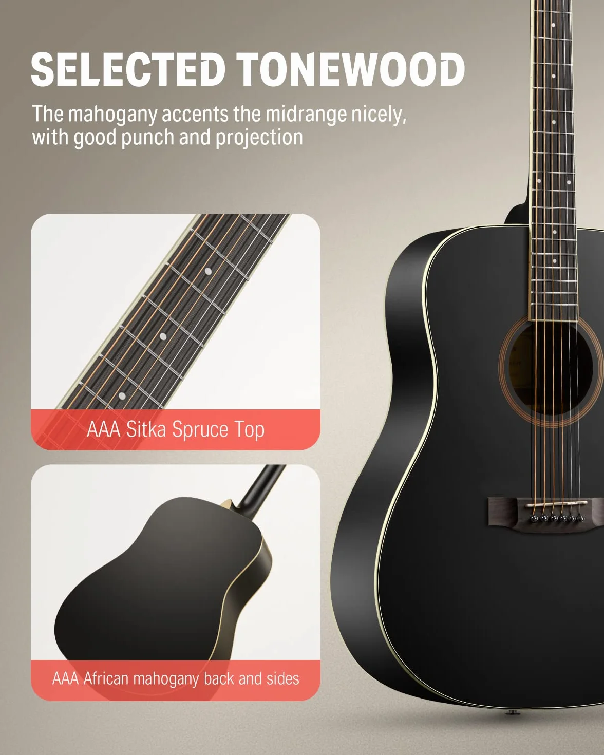 Donner Gitara akustyczna Dreadnought 4/4 104 cm, zestaw dla początkujących, czarny
