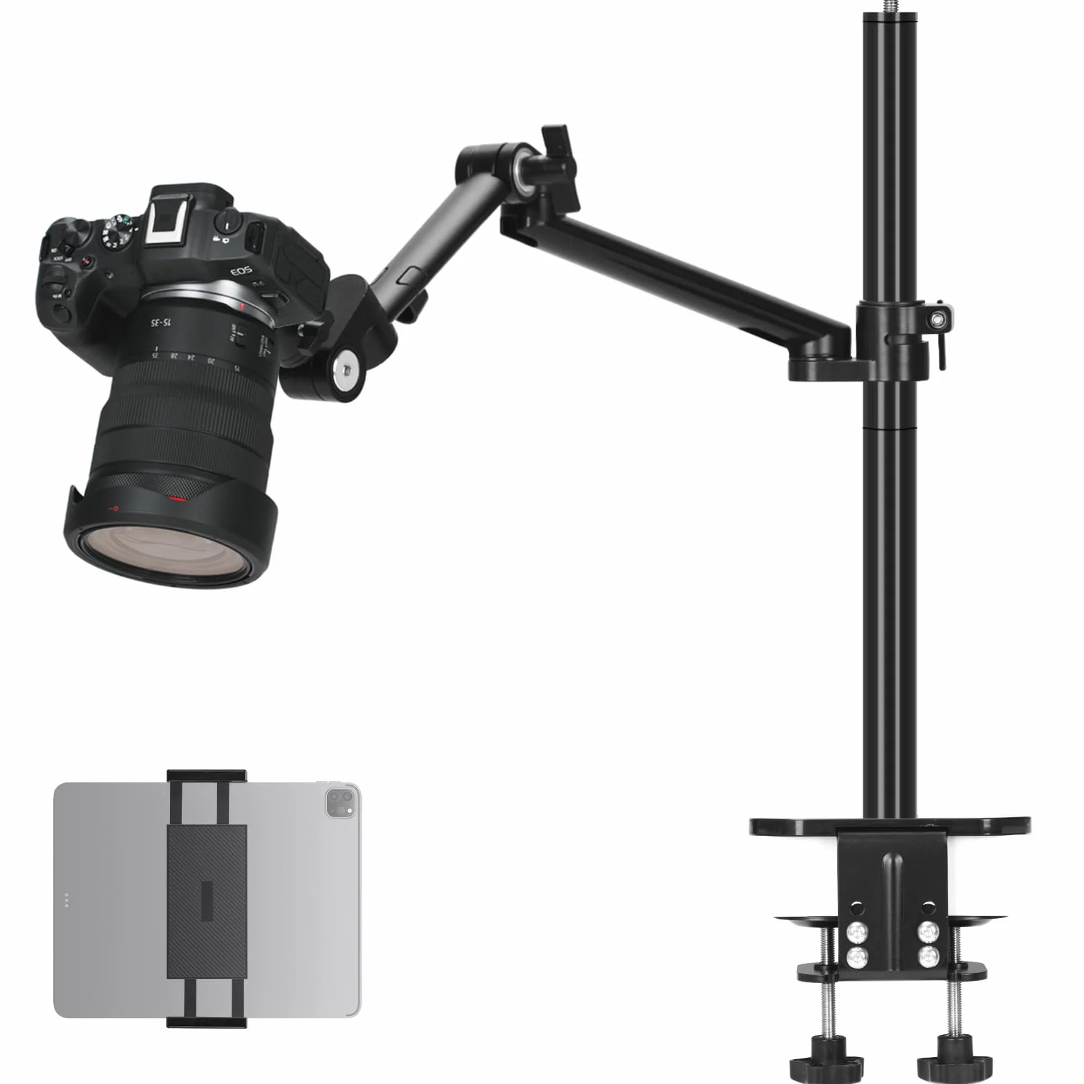 TARION Uchwyt biurkowy na ramię aparatu: Wytrzymały stojak na aparat DSLR z uchwytem na tablet Podwójny zacisk C 1/4 3/8 Adapter śrubowy Ramię przegubowe do selfie Streaming Videography TitanRig Lite