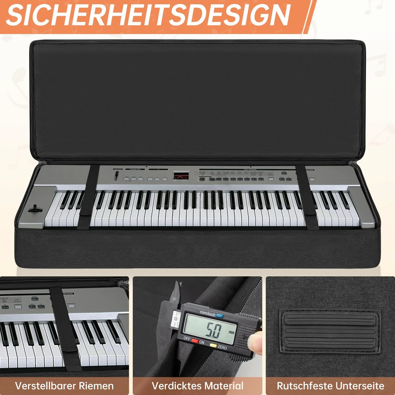 OUUTMEE Pokrowiec na keyboard na nuty 61/76/88, do fortepianów elektrycznych, tkanina Oxford 600D, 10 mm strona startowa, Gigbag (czarna) odporna na uderzenia, wodoszczelna, cztery narożniki