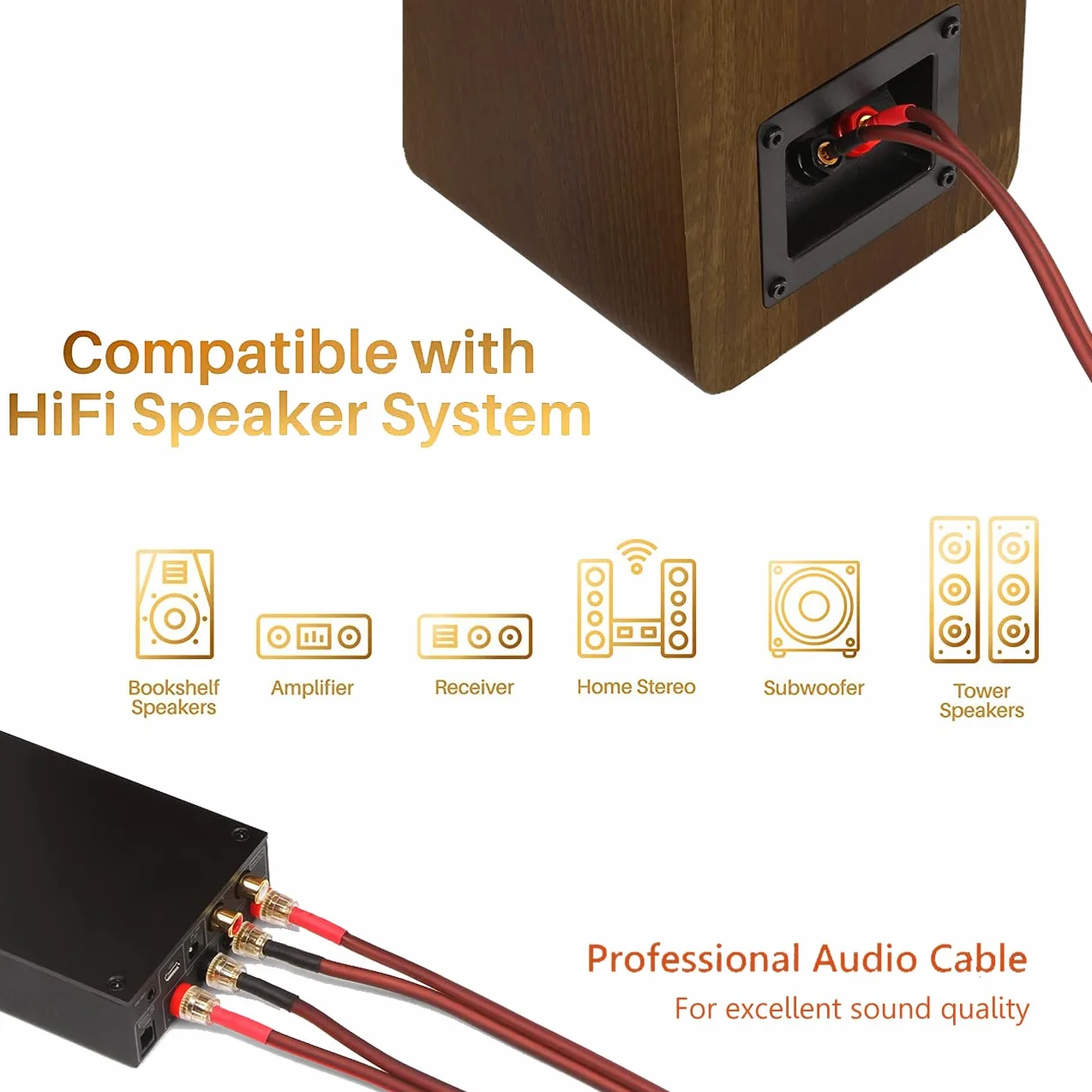Kabel głośnikowy z czystej miedzi (z pozłacanymi wtyczkami bananowymi, 14 AWG, 2 m) – kabel audio LP42 HiFi głośniki głośniki