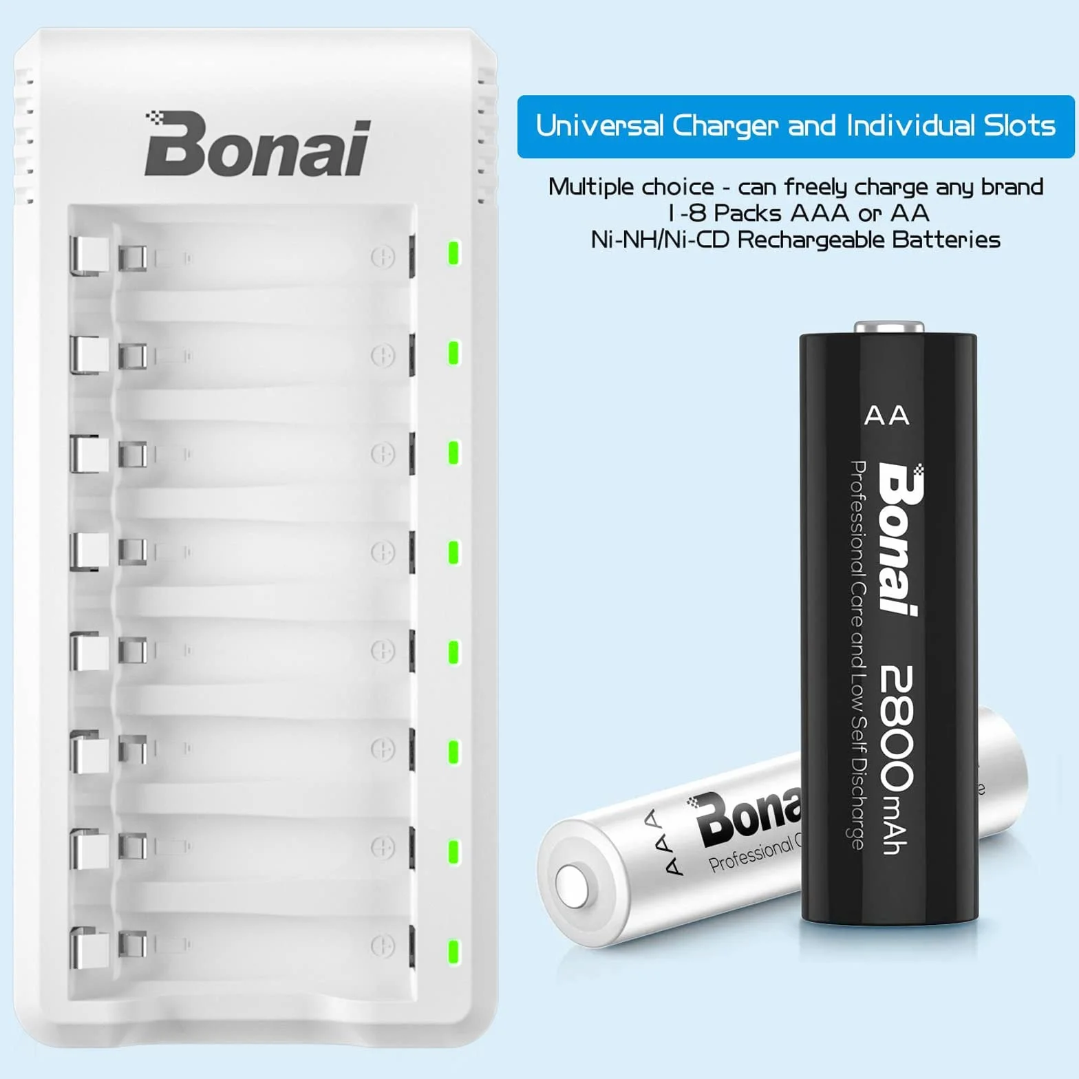 Ładowarka do akumulatorów AA i AAA oraz Ni-MH i Ni-CD marki Bonai z portem USB, 8 gniazdami i wskaźnikami LED.