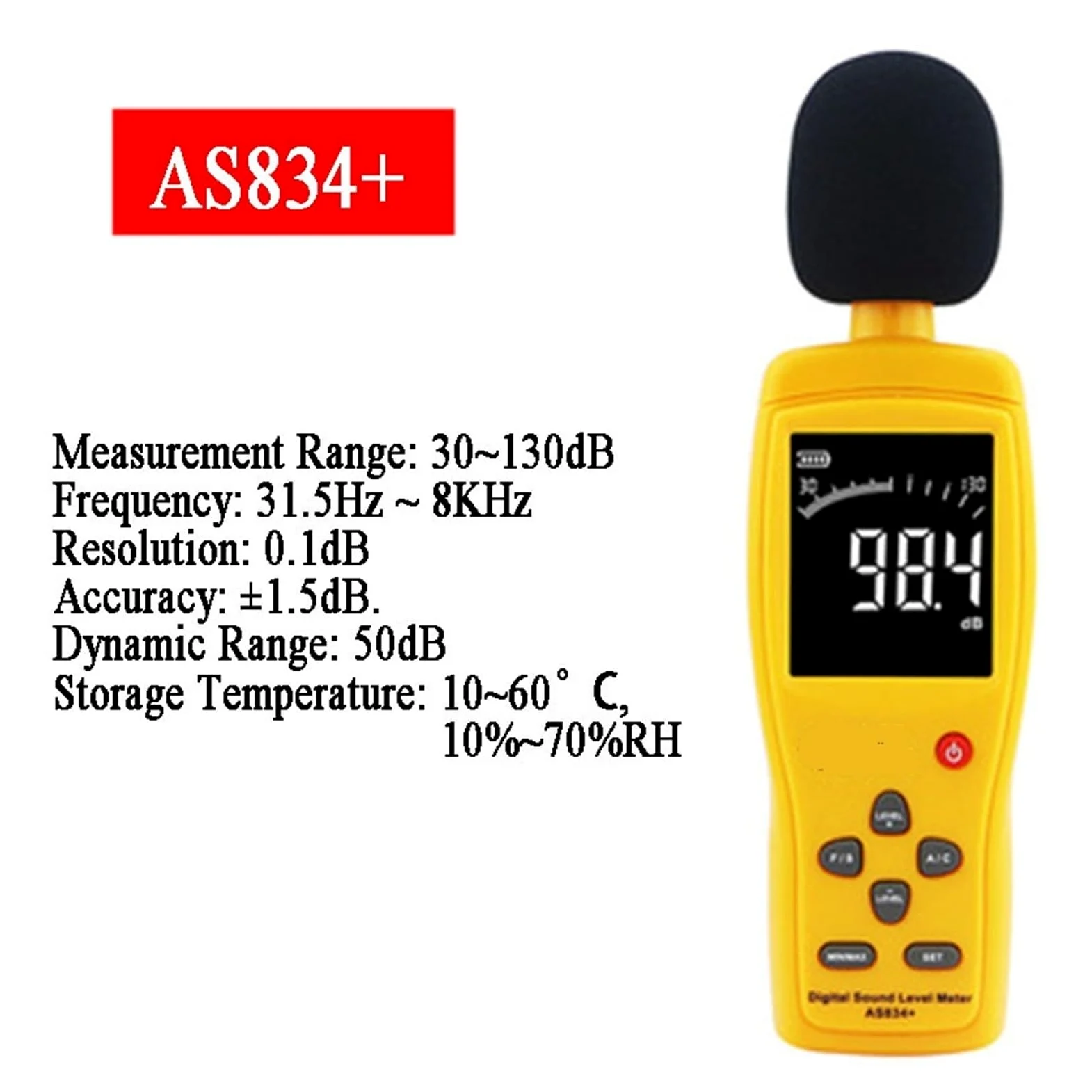 Czujnik hałasu INTELIGENTNY CZUJNIK AS834+ AS844+ Cyfrowy miernik poziomu dźwięku LCD Noisemeter 30-130dB Poziom hałasu Decybel Monitorowanie Tester Instrument | AS834 Plus