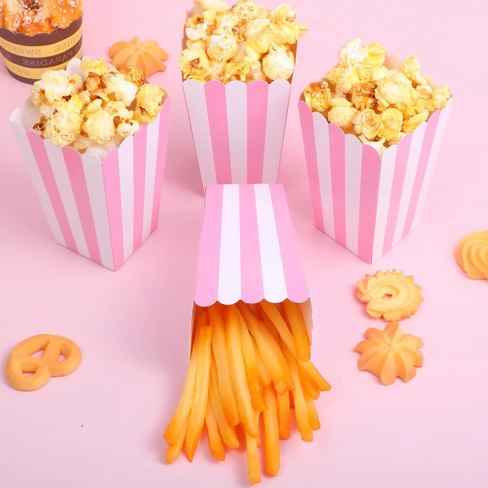 Różowe pudełka na popcorn, mini torby na popcorn w paski, papierowa, dmuchana miska na ryż, wiadro, maszyna do cukierków, pojemnik na miskę, pojemnik na przekąski, na przyjęcie urodzinowe, upominek