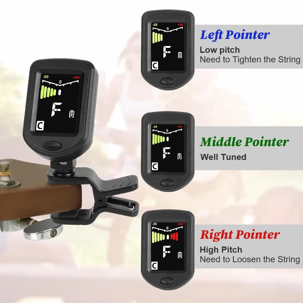 Tuner gitarowy z możliwością ładowania, tuner gitarowy, klips, cyfrowy tuner akcesoriów gitarowych z kolorowym wyświetlaczem LCD, klips do tunera gitarowego z kablem typu C, do gitary