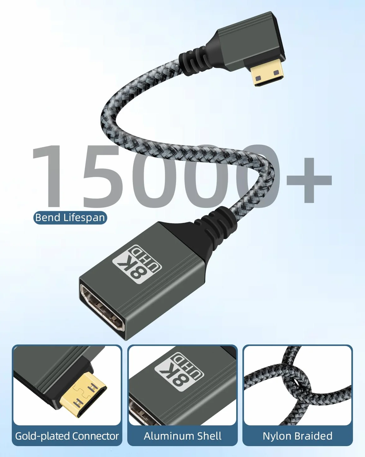 GELRHONR Adapter 8K Mini HDTV na HDTV 2.1, 8K przy 120 Hz 4K przy 60 Hz męski na żeński nylonowy pleciony krótki kabel adaptera do aparatu, Ras//Raspberry Pi, laptopa, telewizora, monitora, 15 cm (kąt