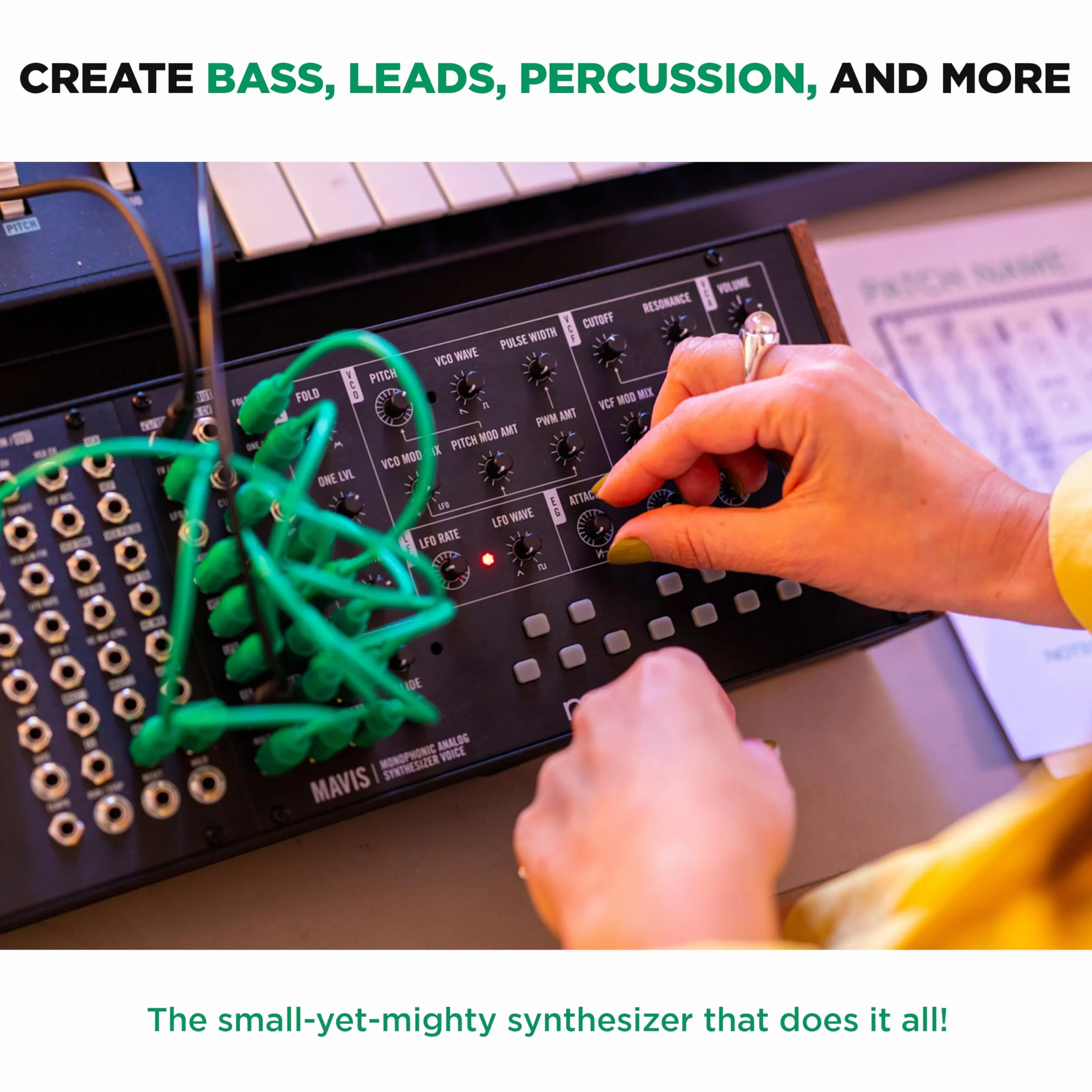 MOOG Mavis - Semimodularny Syntezator Analogowy z Klawiaturą, Oscylatorem Analogowym, Filtrem, Generatorem Obwiedniowym, Wavefolderem i Osłoną