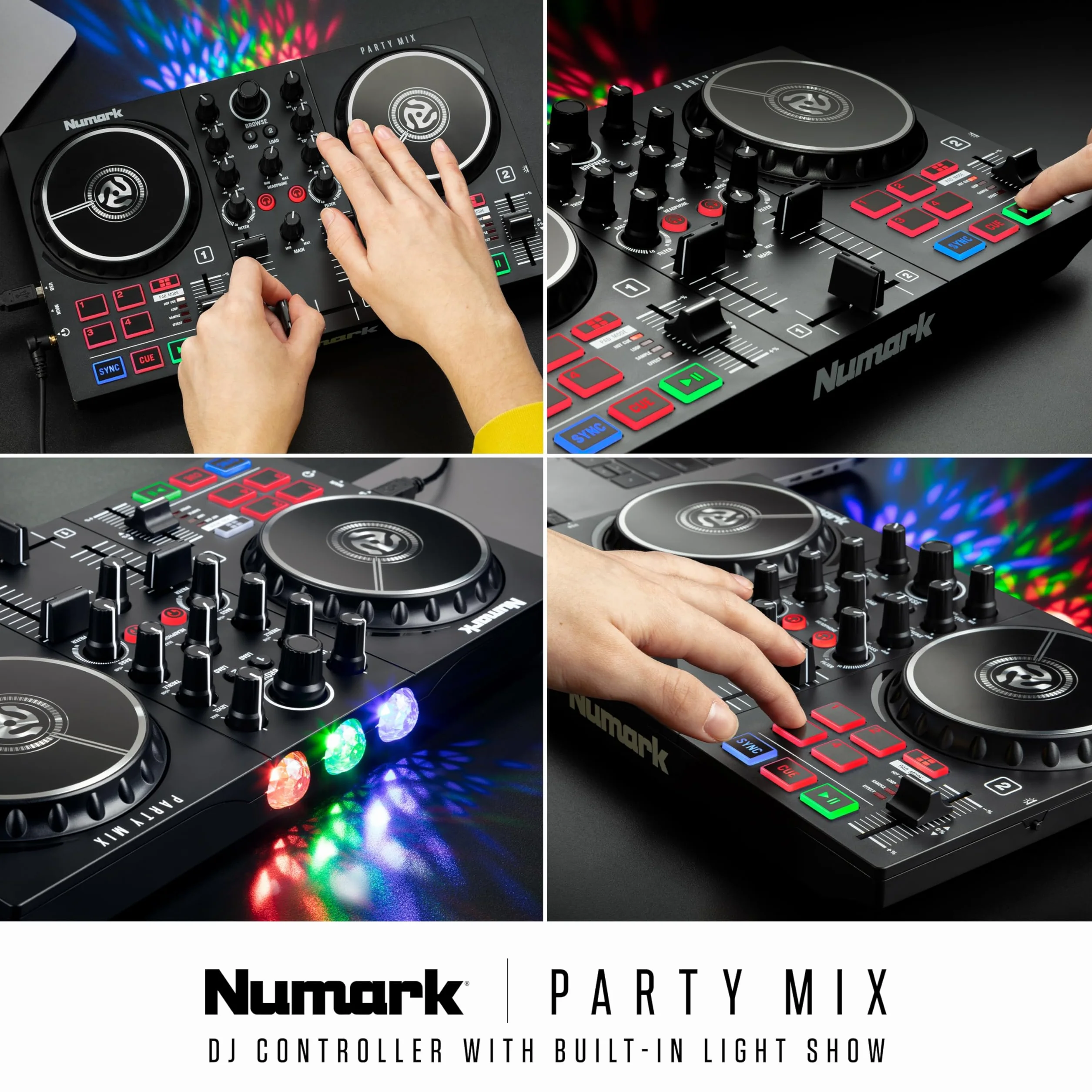 Numark Party Mix II DJ Kontroler Zestaw Dla Początkujących DJ-Ów z Imprezowym Oświetleniem i Mikserem do Serato DJ