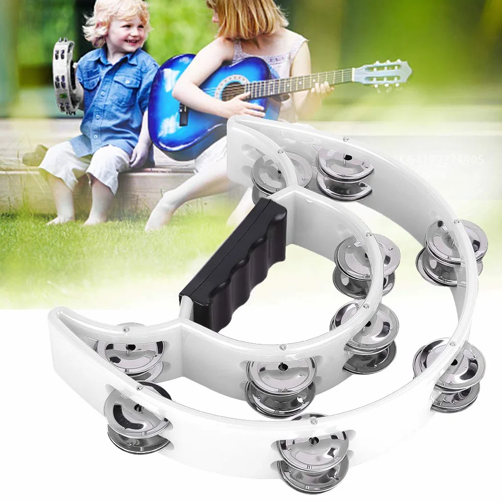 Dwurzędowy Ręczny Tamburyn, Metalowe Dżingle Half Moon Ręczny Muzyczny Bęben Perkusyjny z Ergonomicznym Uchwytem (WHITE)