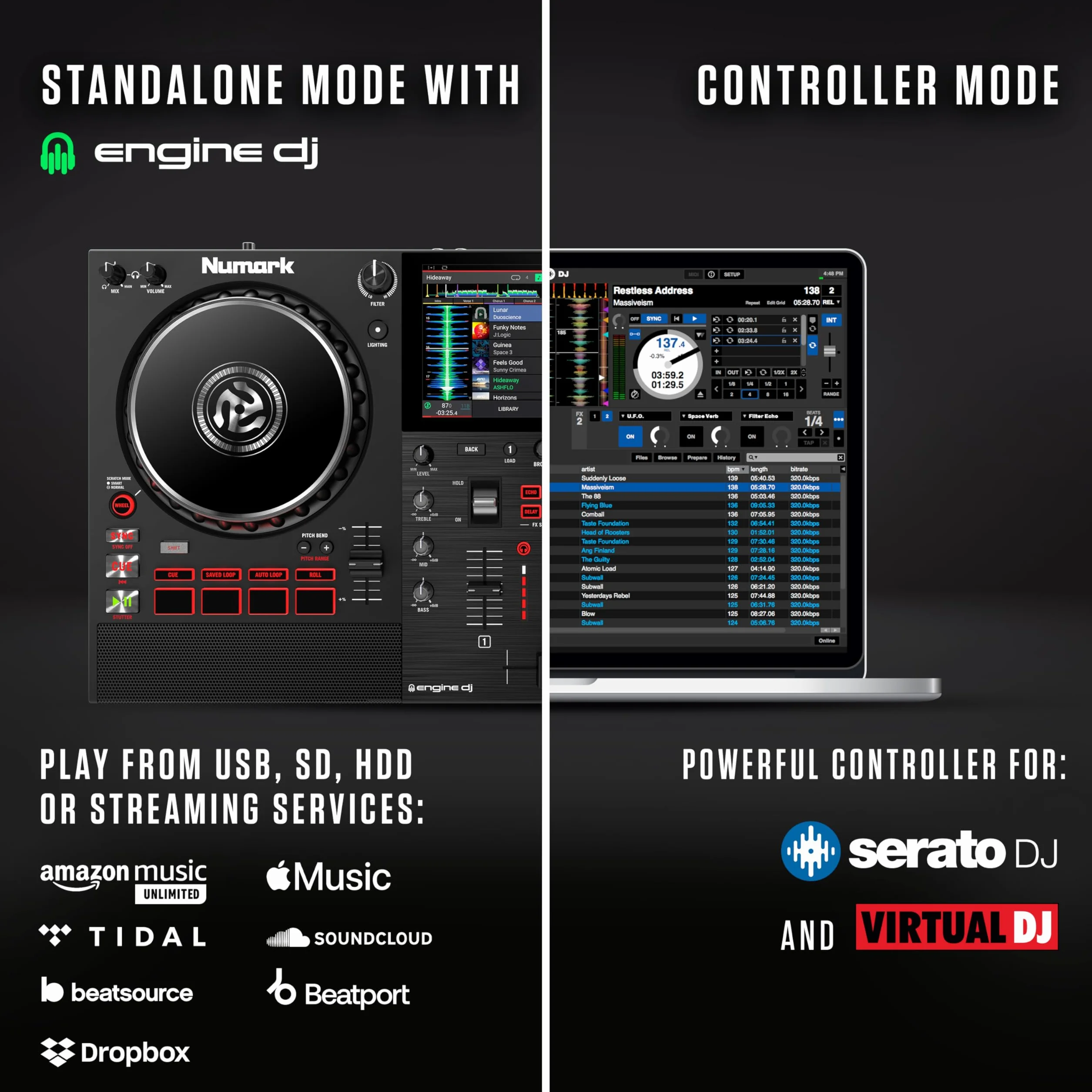 Numark Mixstream Pro+ Kontroler DJ z separacją stemów, 2 deckami, Wi-Fi, mikserem, ekranem 7″ i głośnikami, kompatybilny z Serato i Virtual DJ